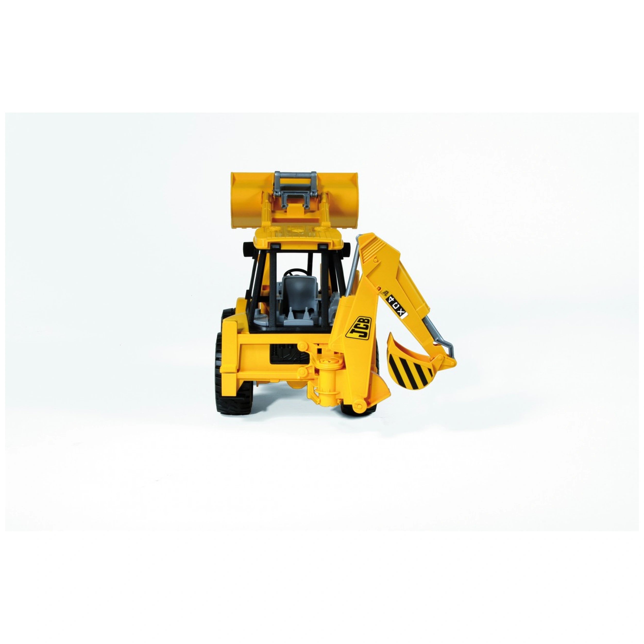 Yellow Bruder JCB 4CX Backhoe Loader toy with front loader and backhoe visible against a white background.