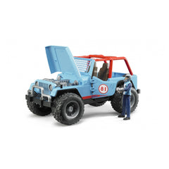 Blue Bruder Jeep Cross Country Racer with open hood, red roll cage, and driver figurine in racing gear.