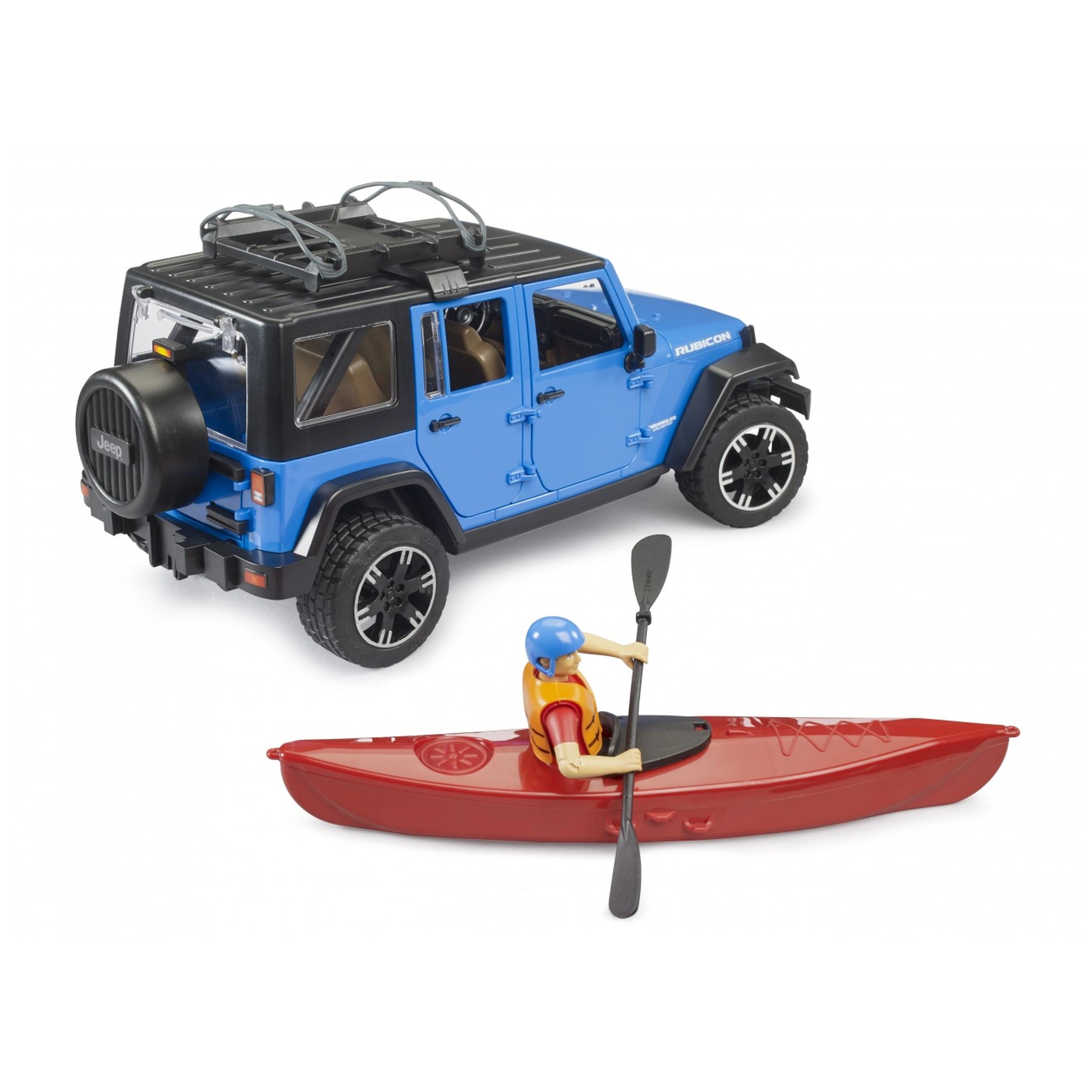 Blue Jeep Wrangler Rubicon toy with detachable roof and red kayak with a toy kayaker in a blue helmet.