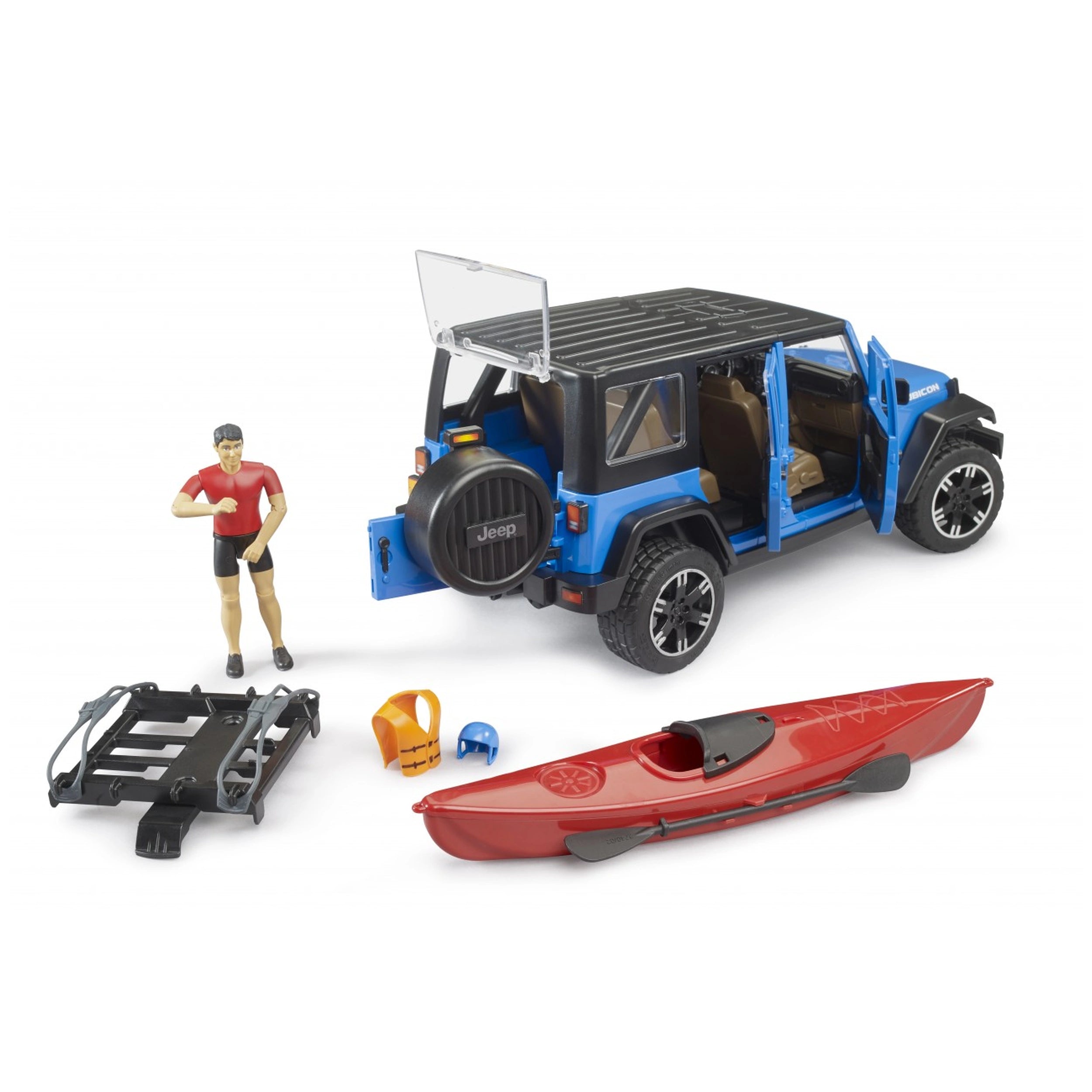 Blue Jeep Wrangler toy with open doors, red kayak, kayaker figure, helmet, and life vest accessories on white background.