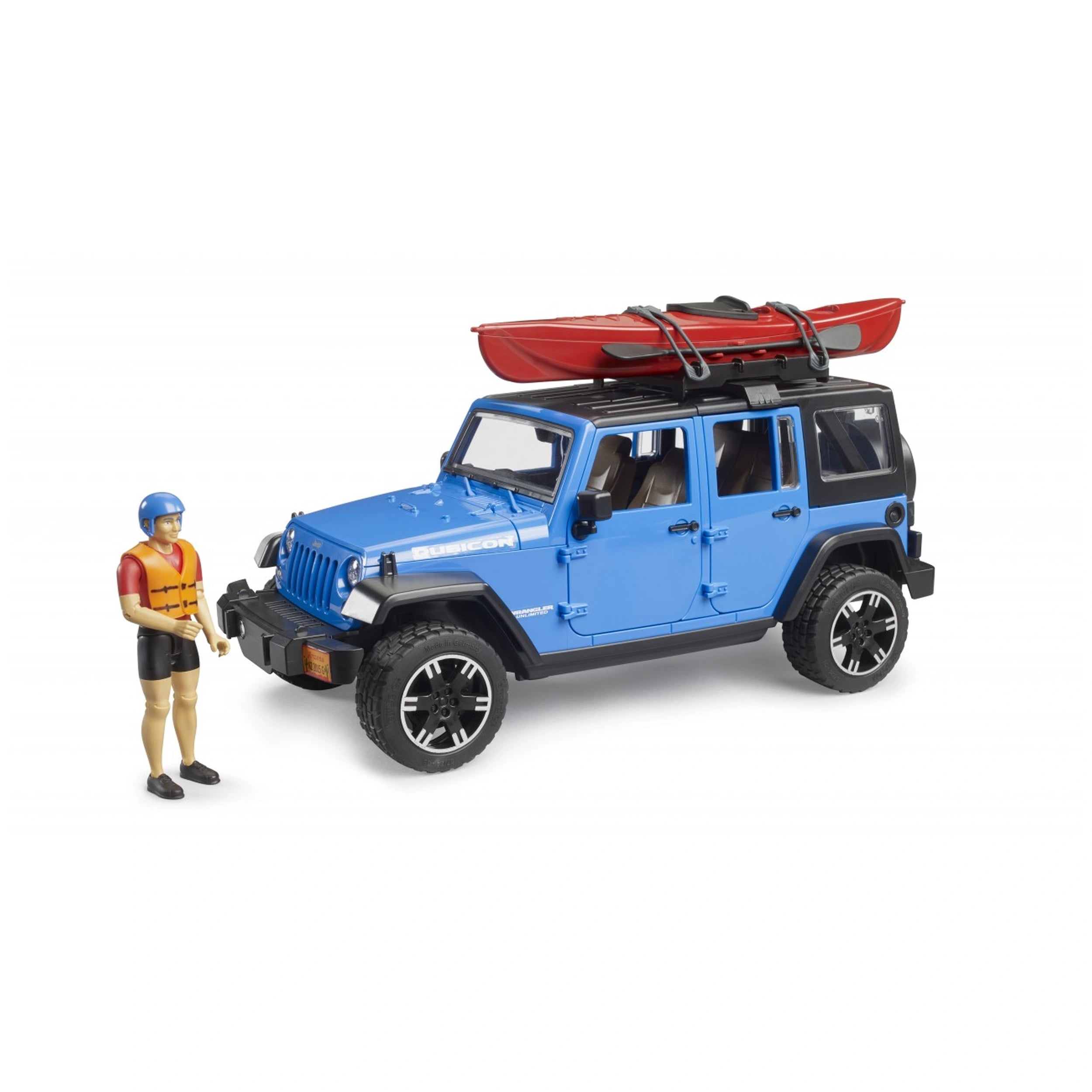 Blue Jeep Wrangler toy with detachable kayak and kayaker figure, showcasing off-road and adventure play features.