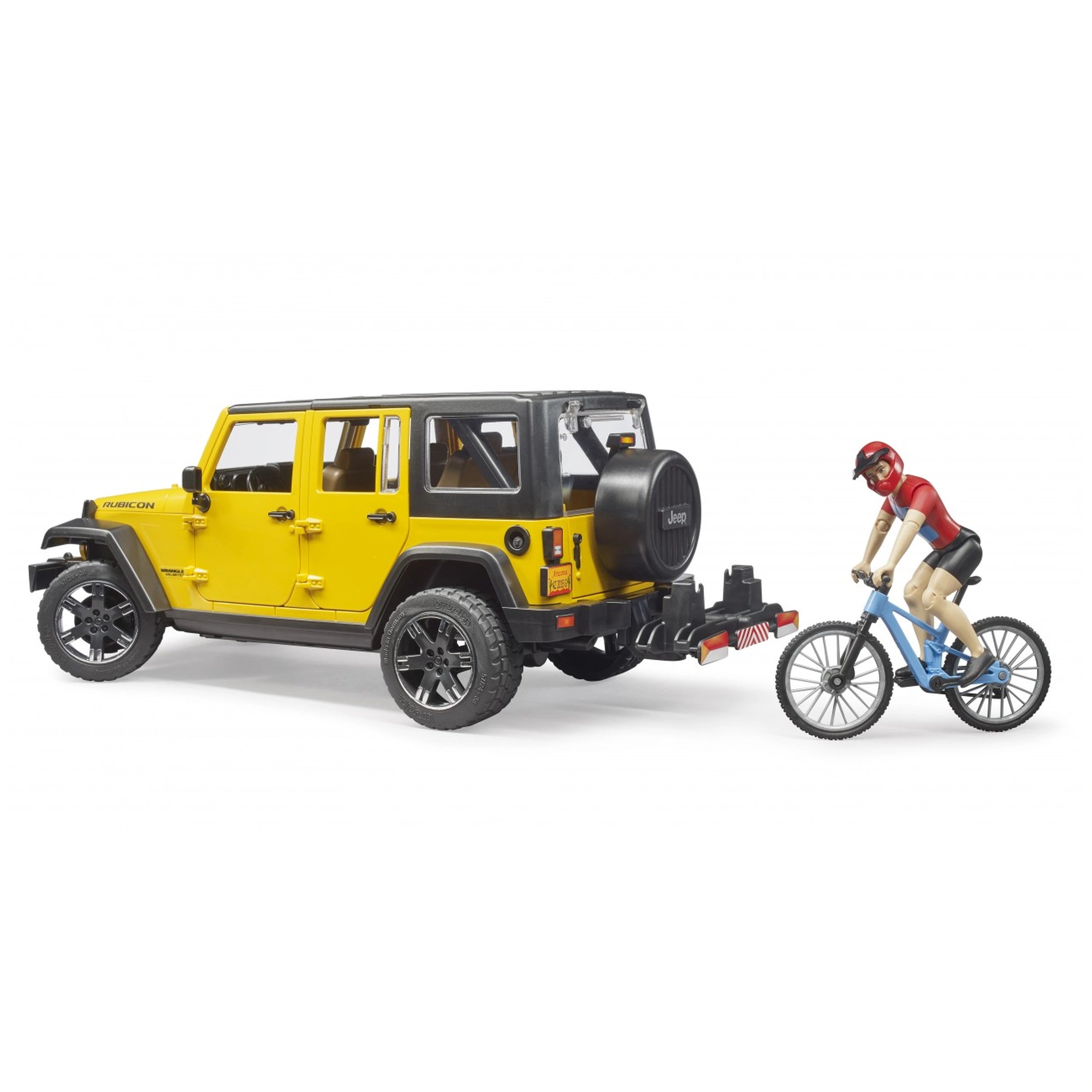 Yellow Jeep Wrangler Rubicon with black wheels and a cyclist on a blue mountain bike wearing a red helmet and shirt.