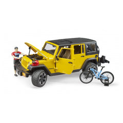 Yellow Jeep Wrangler toy with open doors and bonnet, blue mountain bike, and cyclist figure in red shirt.