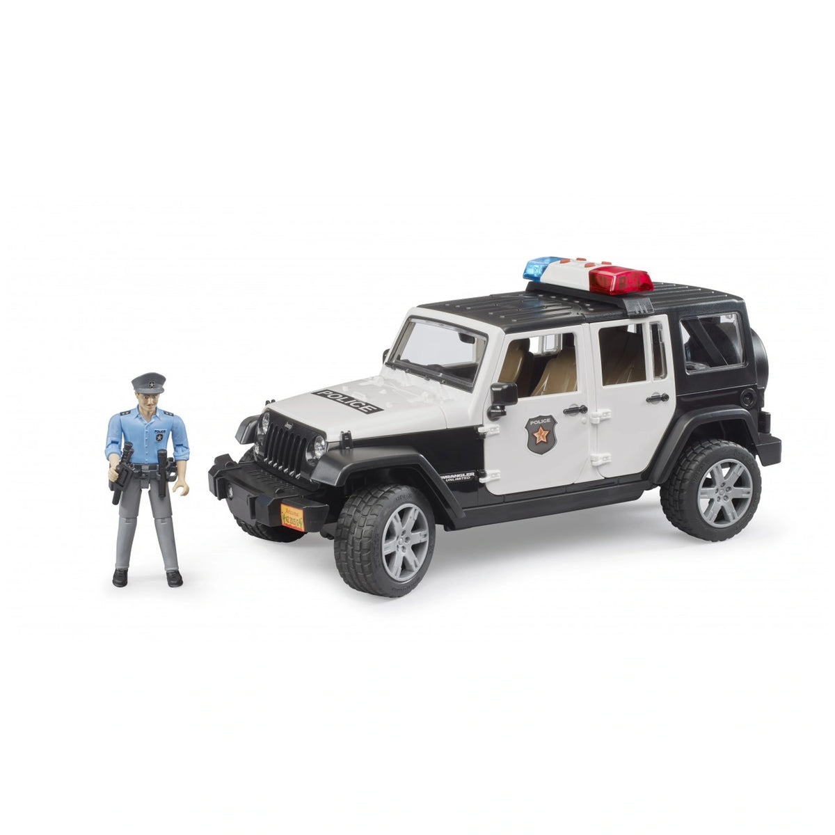 Bruder Jeep Wrangler Unlimited Rubicon police vehicle with a policeman figure standing beside.