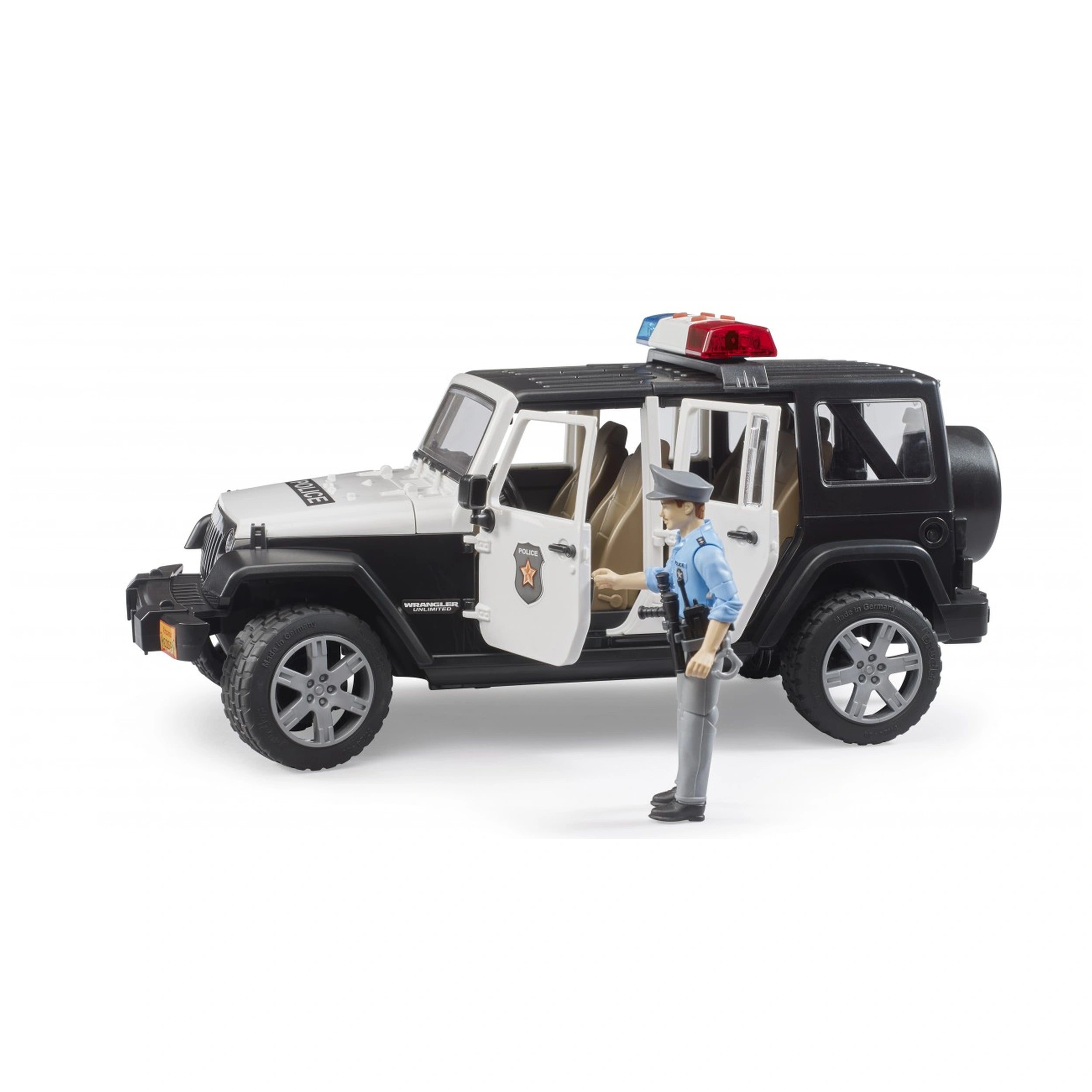 Black and white police Jeep toy with opening doors, officer figure standing beside, detailed design, red and blue rooftop lights.