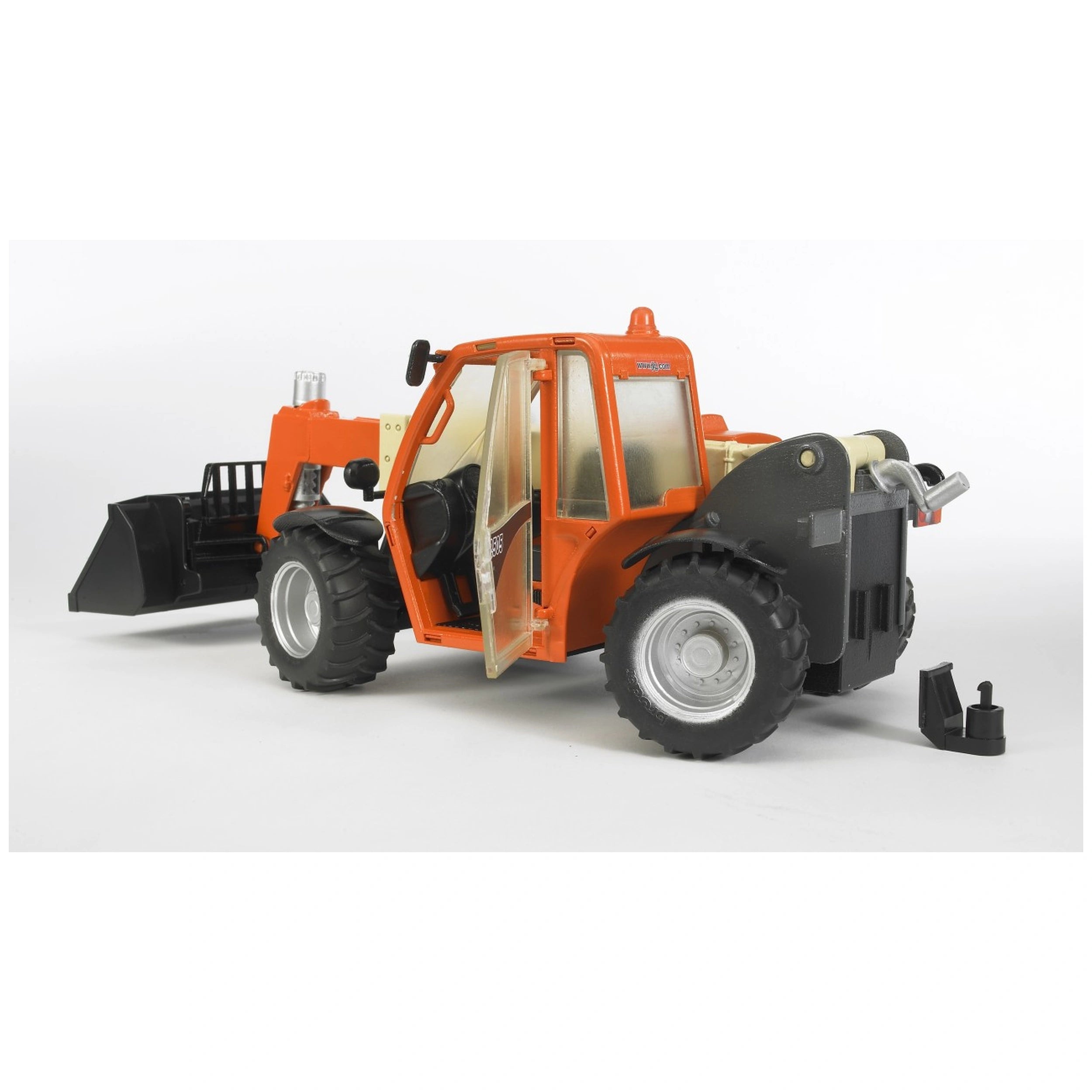 Orange Bruder JLG 2505 Telehandler toy with telescopic arm extended, visible from side, showcasing intricate details.