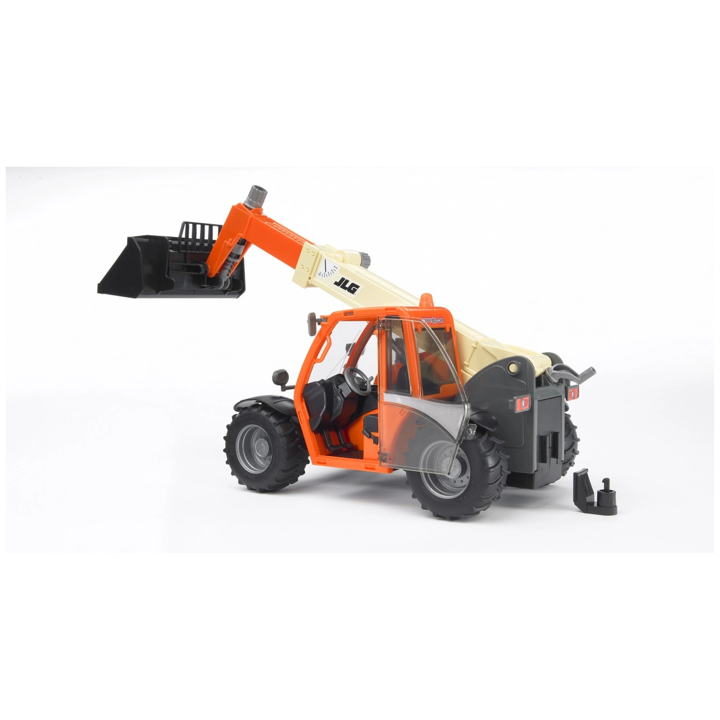 Bruder JLG 2505 Telehandler toy with orange cab, extendable arm, and black bucket on white background.
