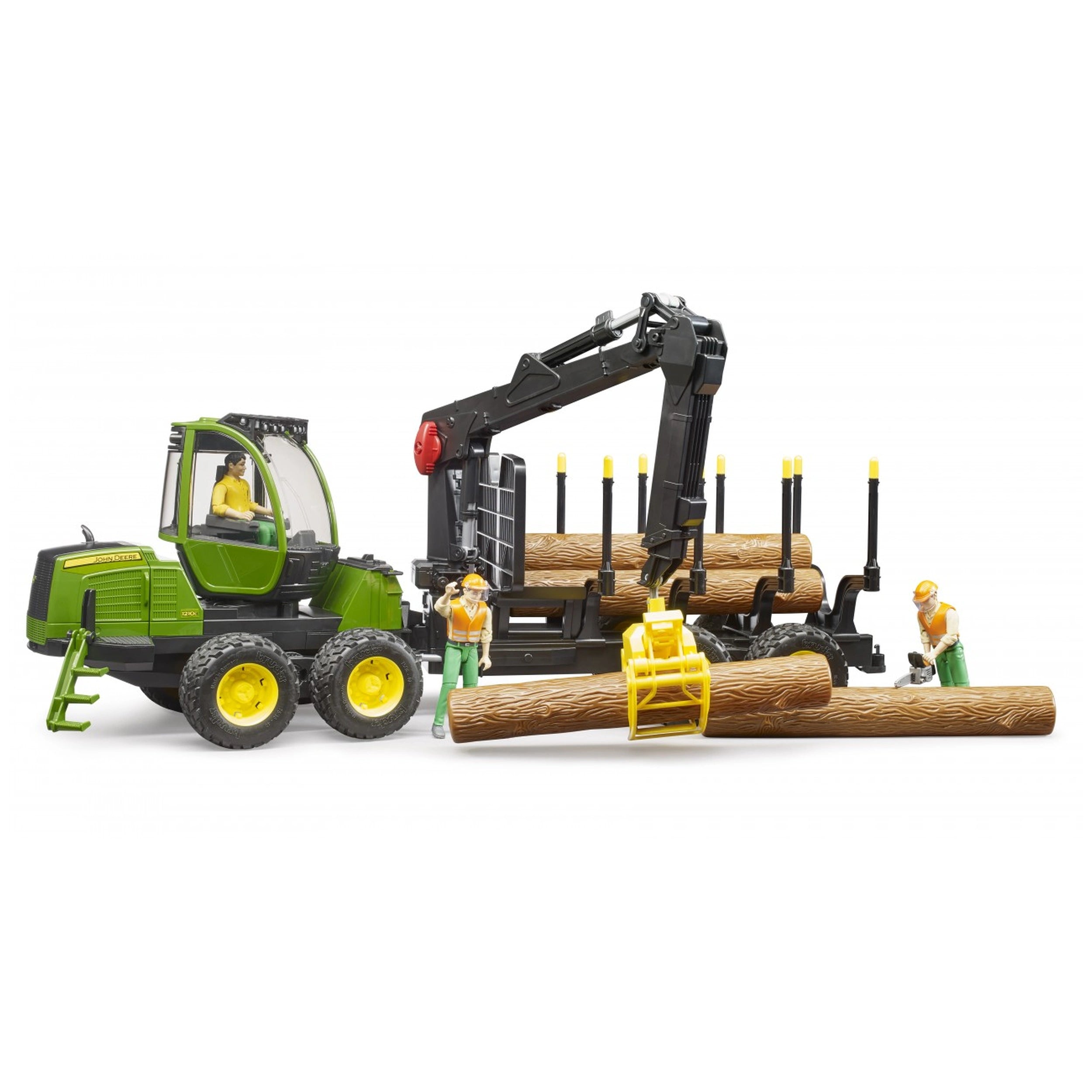 Bruder John Deere 1210E Forwarder toy with crane, four logs, and two worker figures in safety gear.