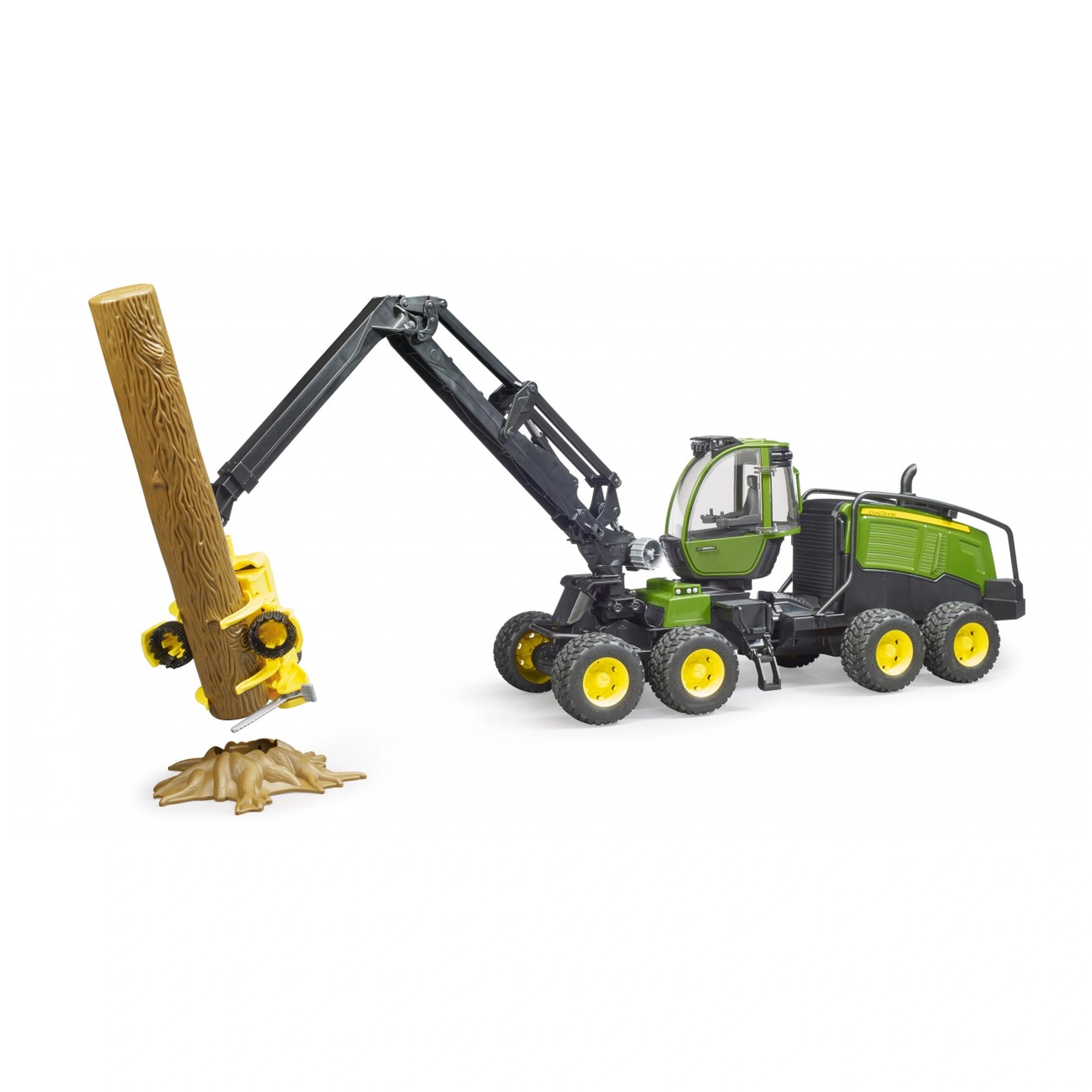 Bruder John Deere 1270G Harvester toy with rotating cabin lifts a tree trunk, featuring realistic details and vibrant colors.