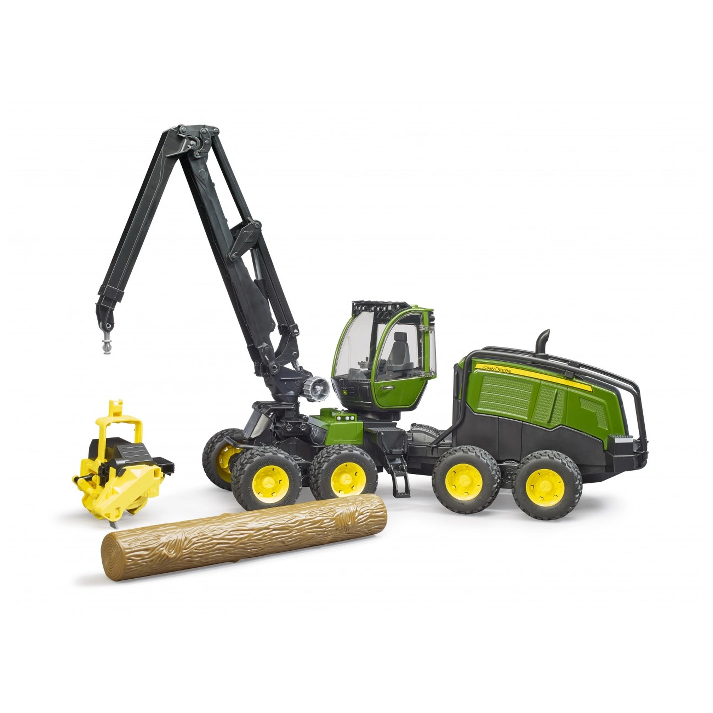 Green and black toy John Deere 1270G harvester with yellow wheels and a log, featuring a detailed cabin and articulated arm.
