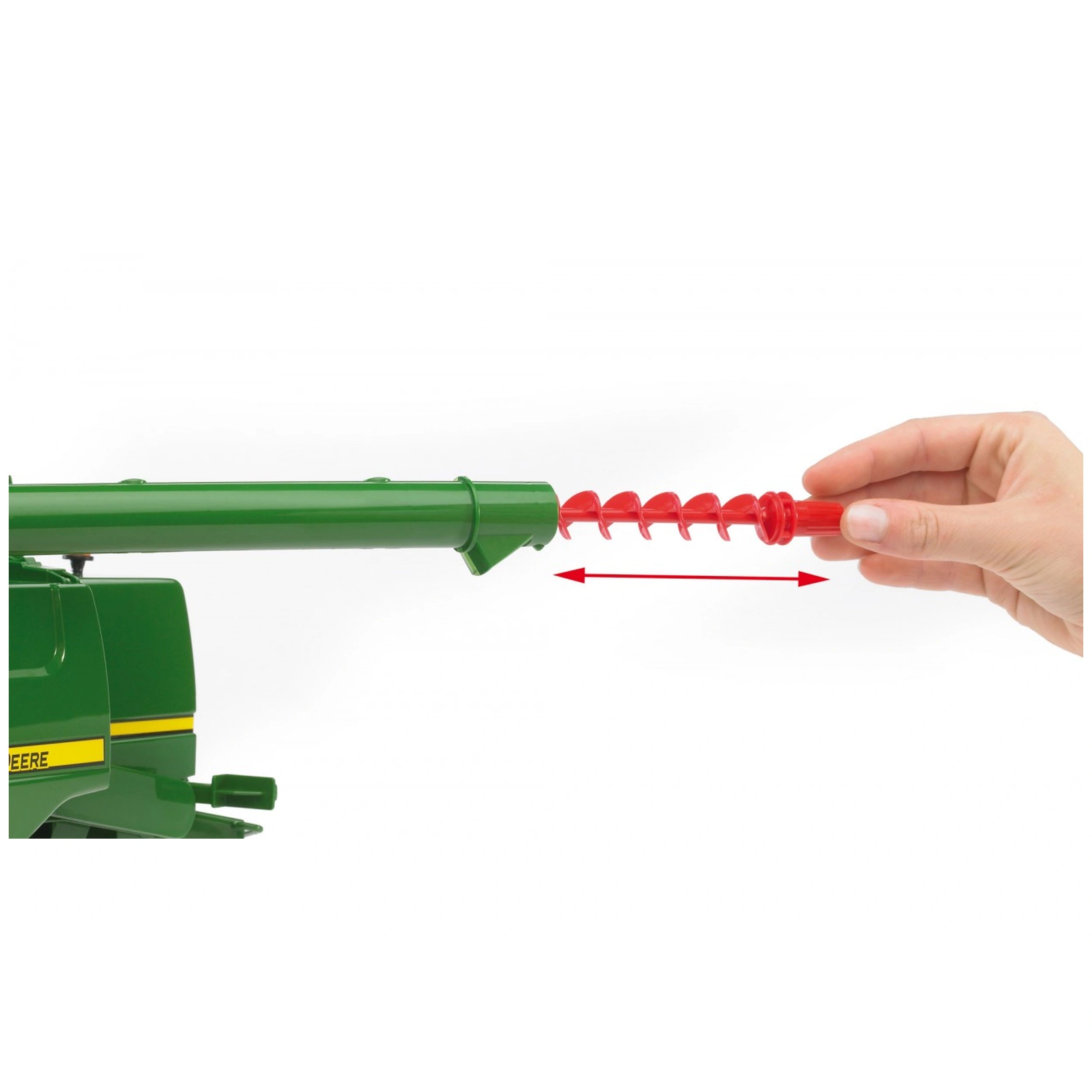 Hand extending red auger of green Bruder John Deere Combine Harvester T670i toy, showing movable feature.