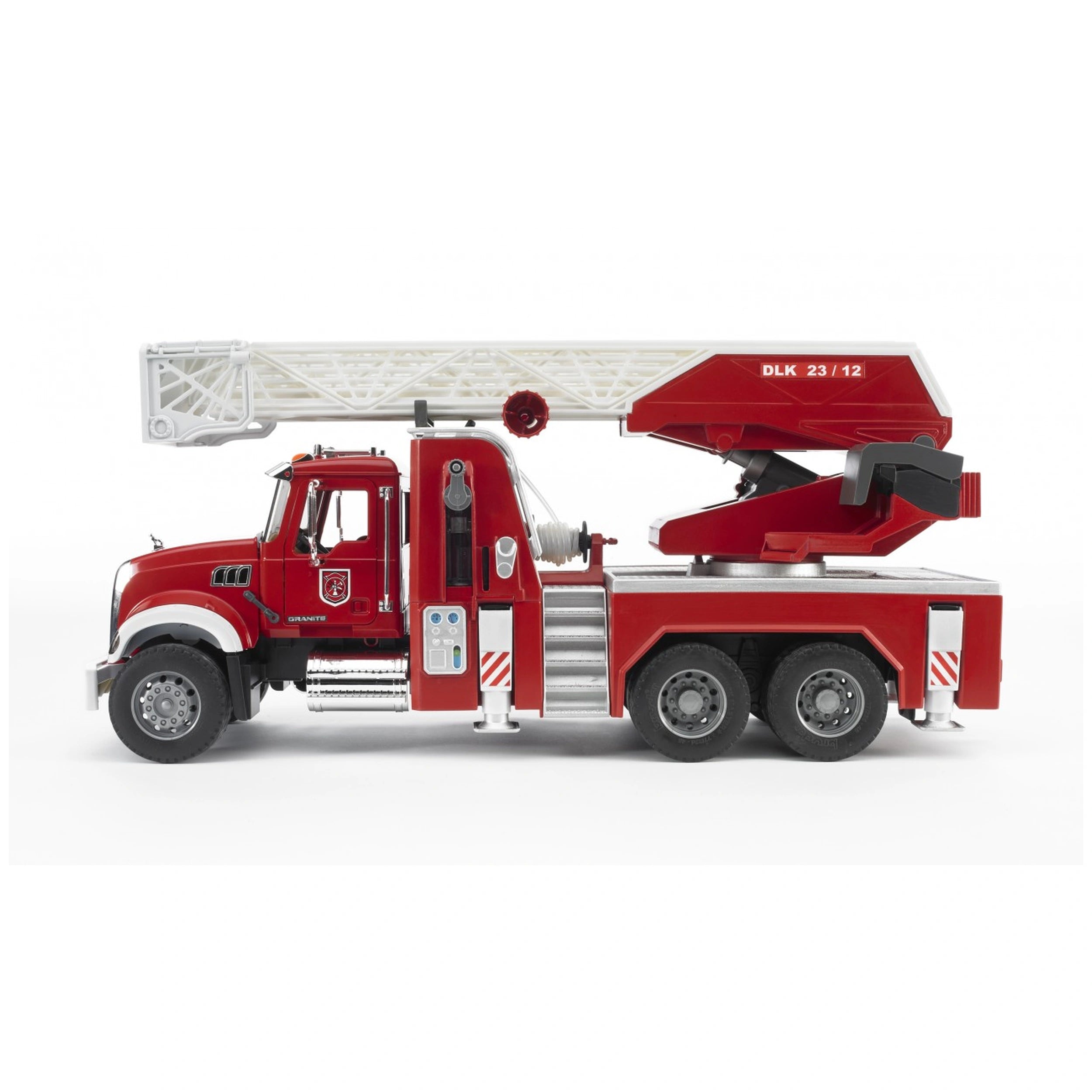 Red Bruder MACK Granite fire engine toy with extendable ladder and detailed cab, side view on white background.