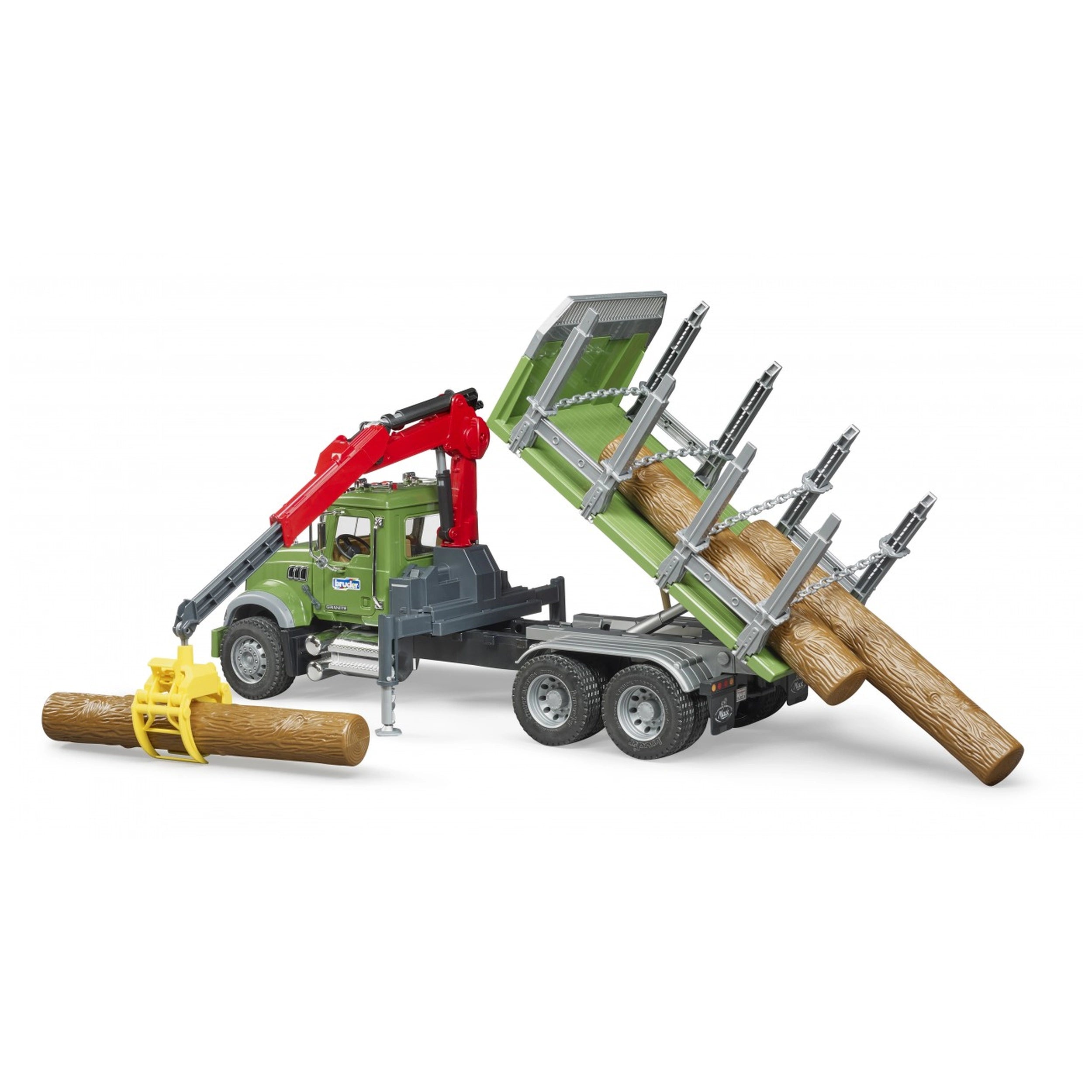 Bruder green timber truck with red crane, yellow log grabber, and logs on a tilting cargo bed.