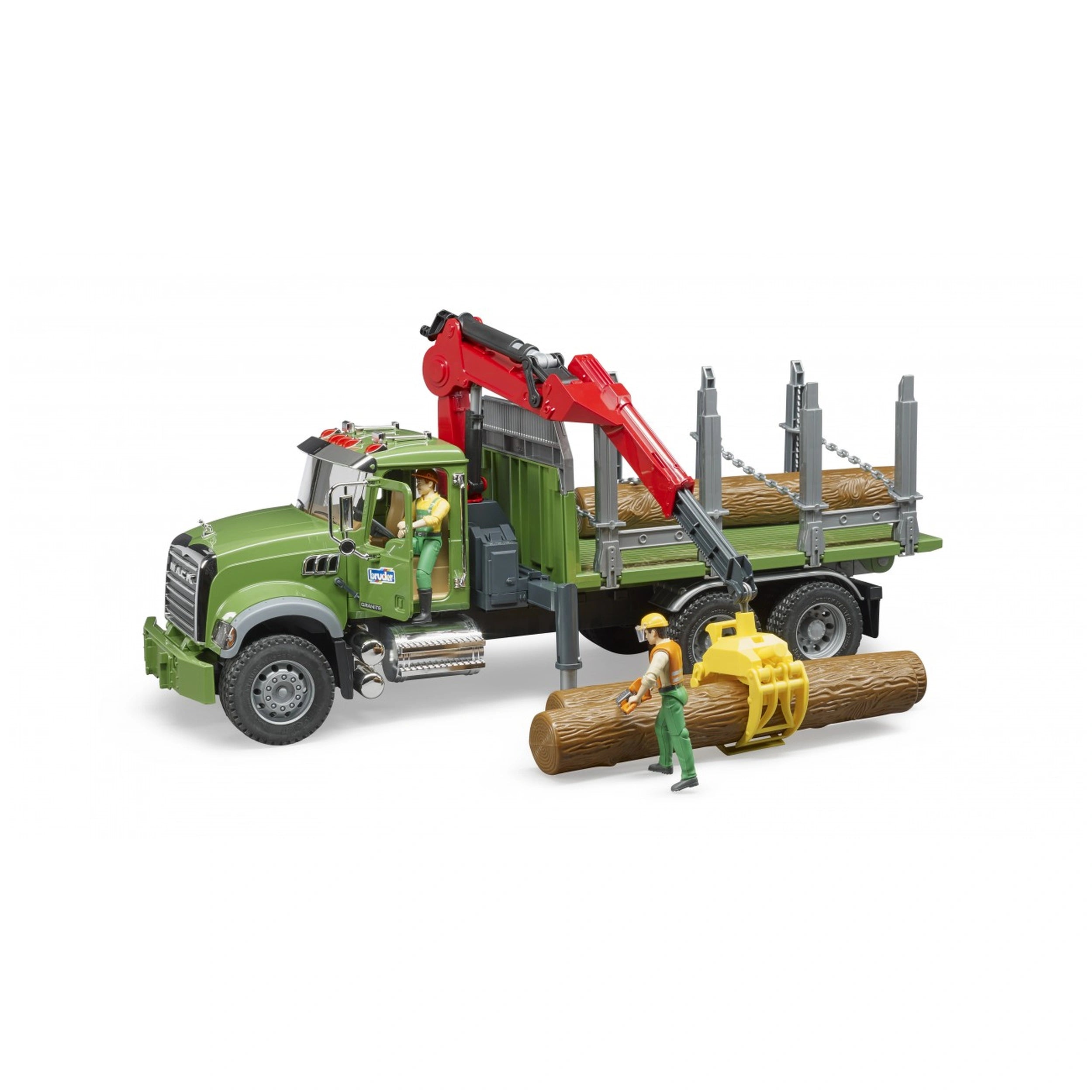 Bruder Mack Granite Timber Truck with red crane and log grabber, toy figures loading logs.