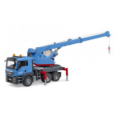 Blue Bruder MAN TGS crane truck toy with extended arm and functional hook, featuring a detailed cab and sturdy design.
