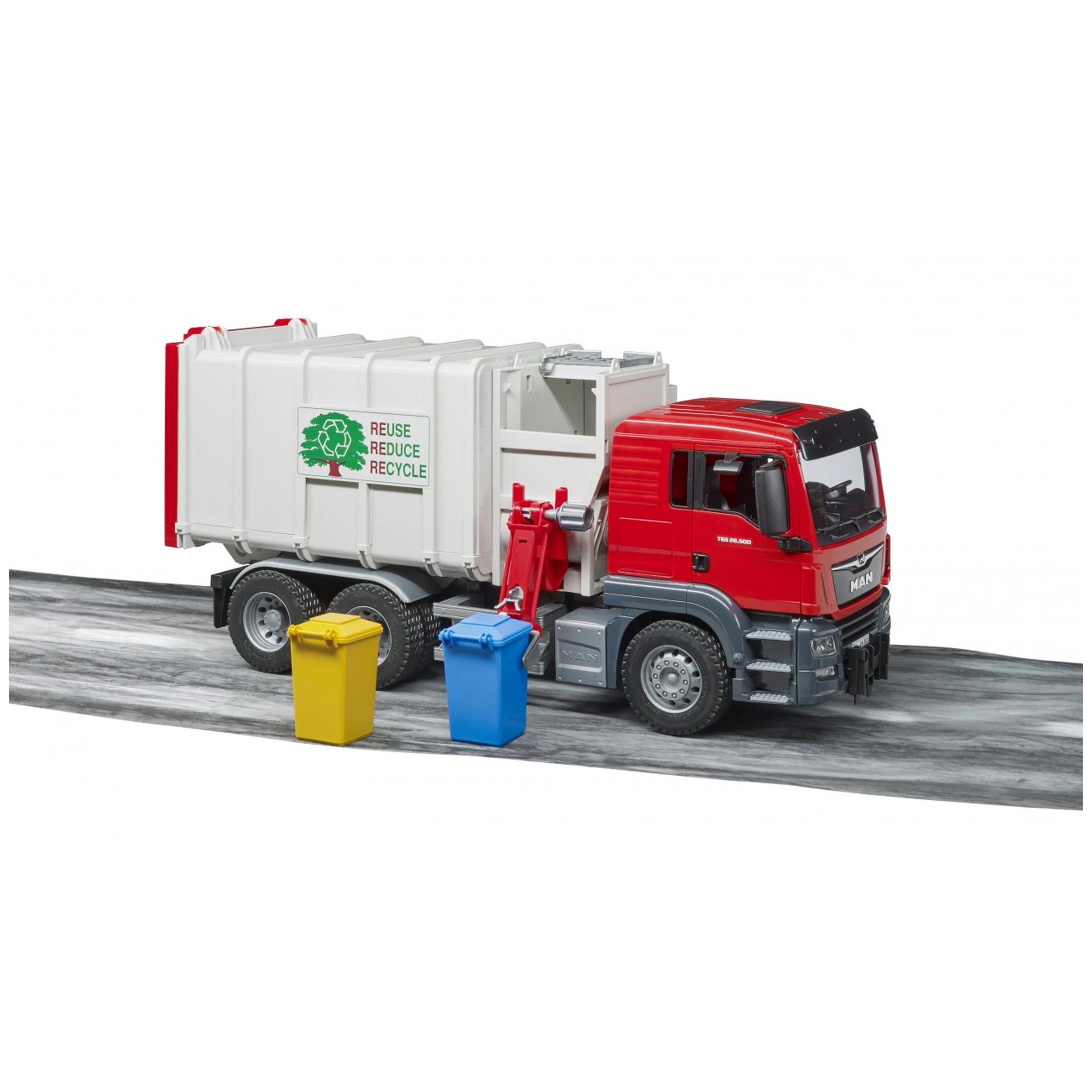 Red and white Bruder MAN TGS side-loading garbage truck with yellow and blue bins on a road.