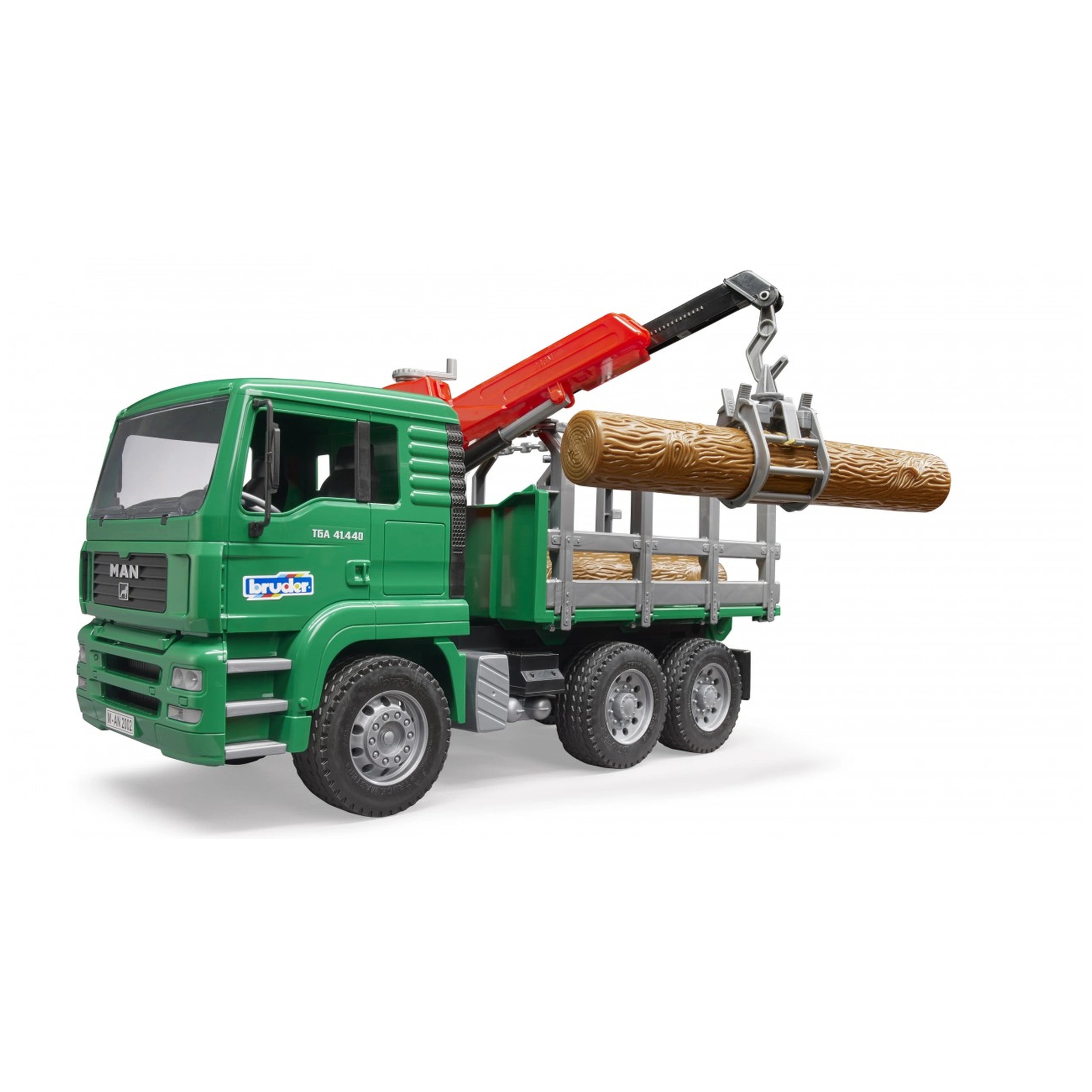 Green Bruder MAN timber truck with red loading crane holding a log, showcasing its realistic design and functionality.