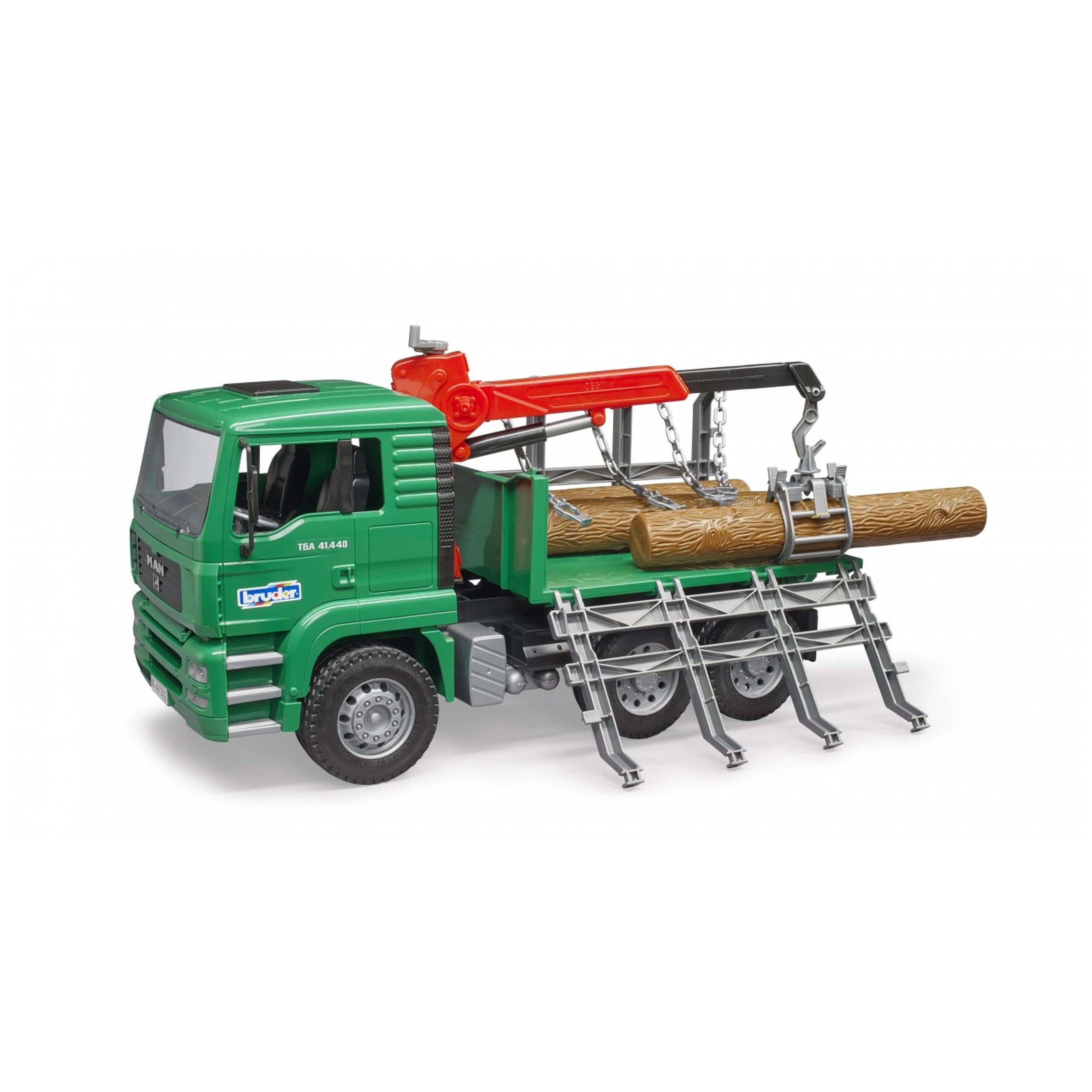 Green Bruder MAN Timber Truck with red loading crane, carrying wooden logs secured with chains.