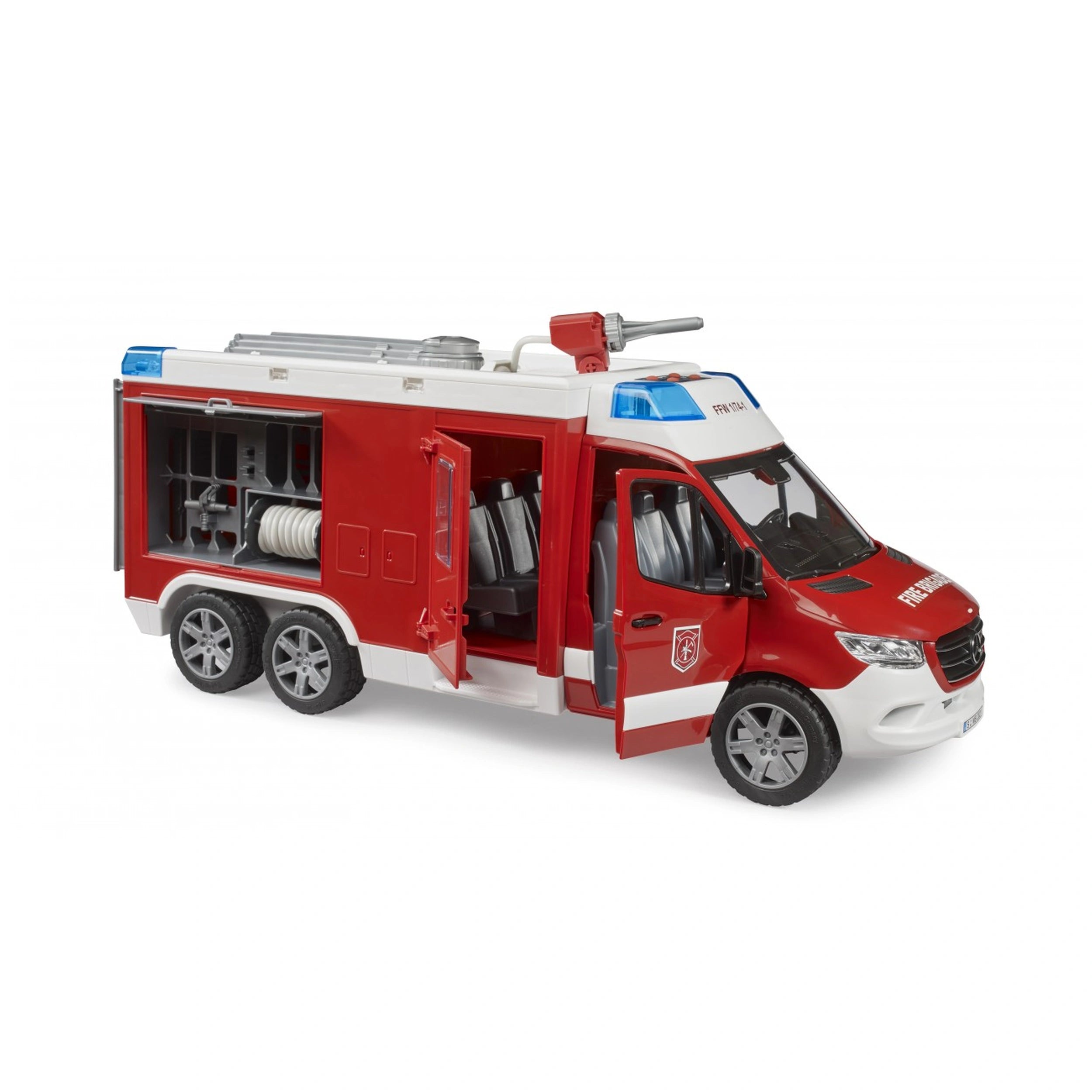 Red and white toy fire rescue vehicle with open crew cab and storage compartments, featuring realistic light and sound elements.