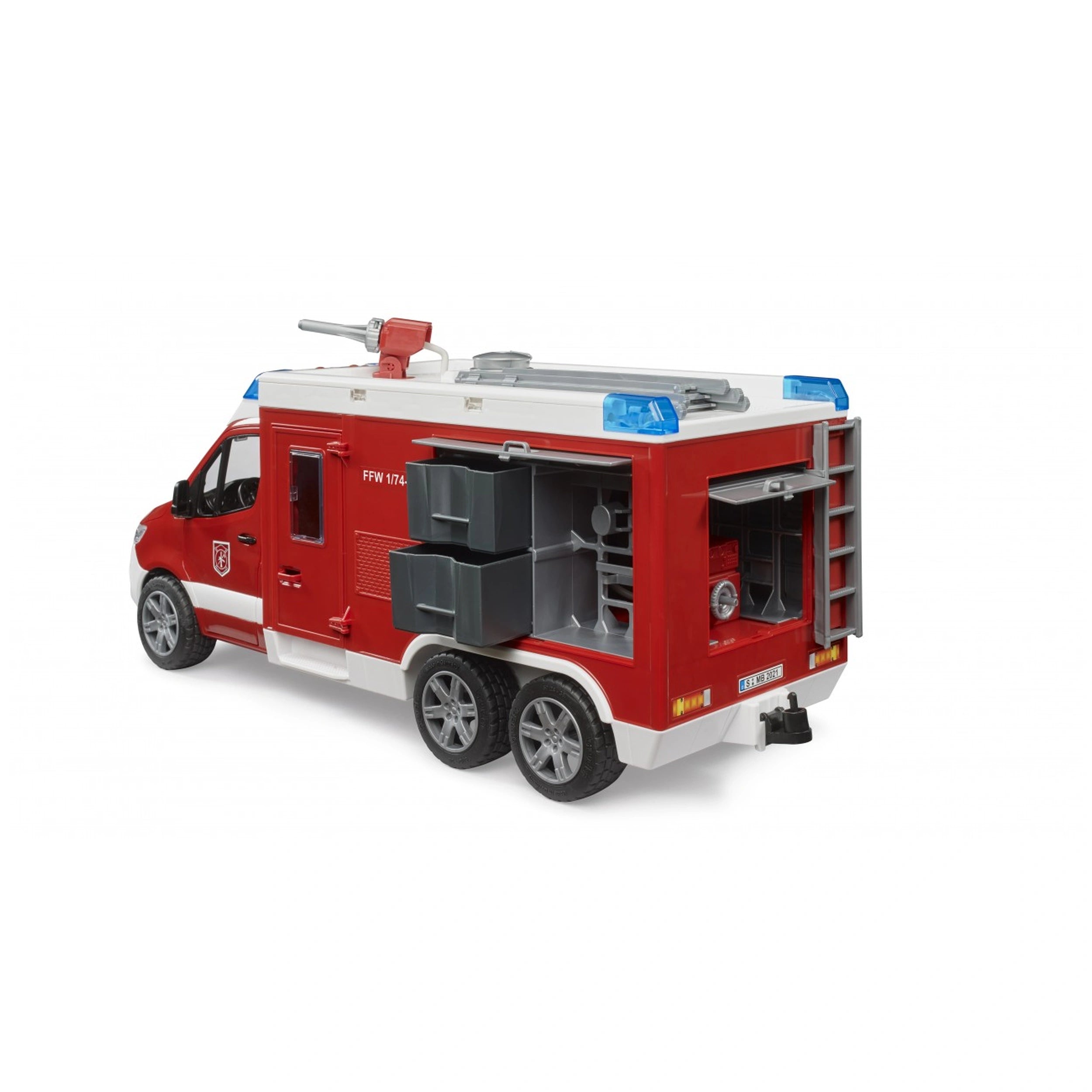 Red toy fire rescue vehicle with blue lights, open storage compartments, and detailed features, inspired by Mercedes Benz Sprinter.