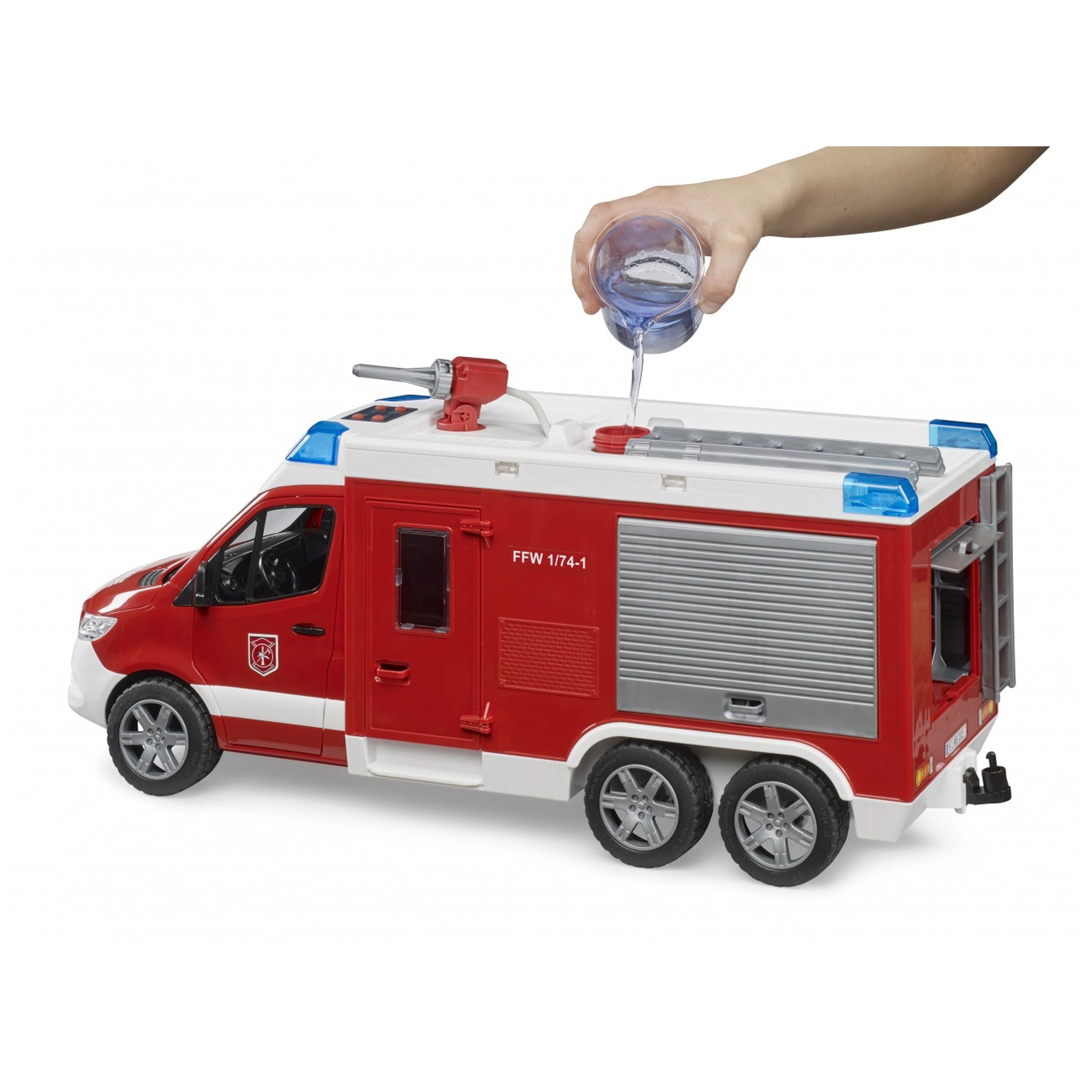 Red Bruder MB Sprinter fire rescue toy truck with blue lights, hand pouring water into tank, showcasing realistic features.