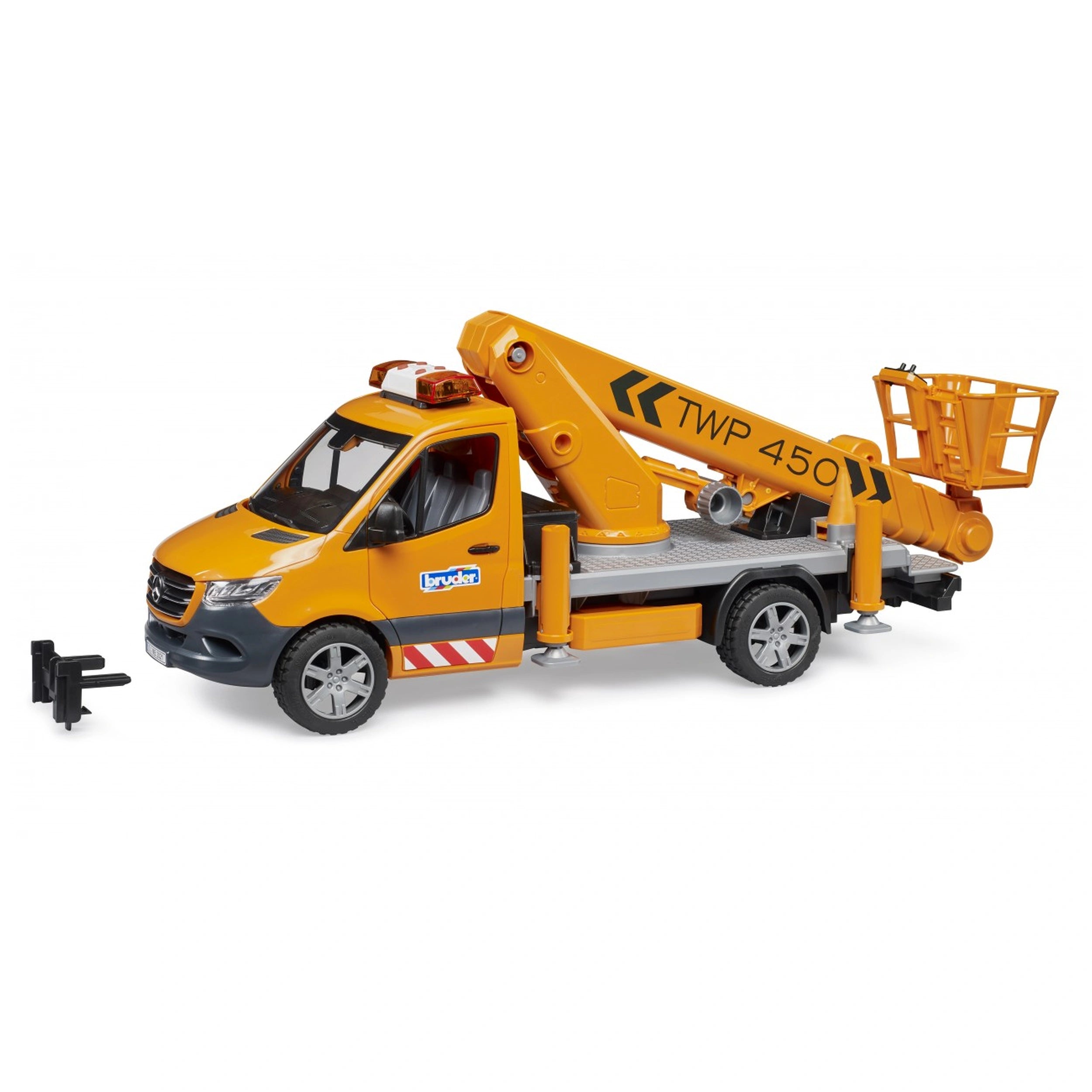 Orange Bruder MB Sprinter toy with work platform and light module, featuring TWP 450 branding on the side.