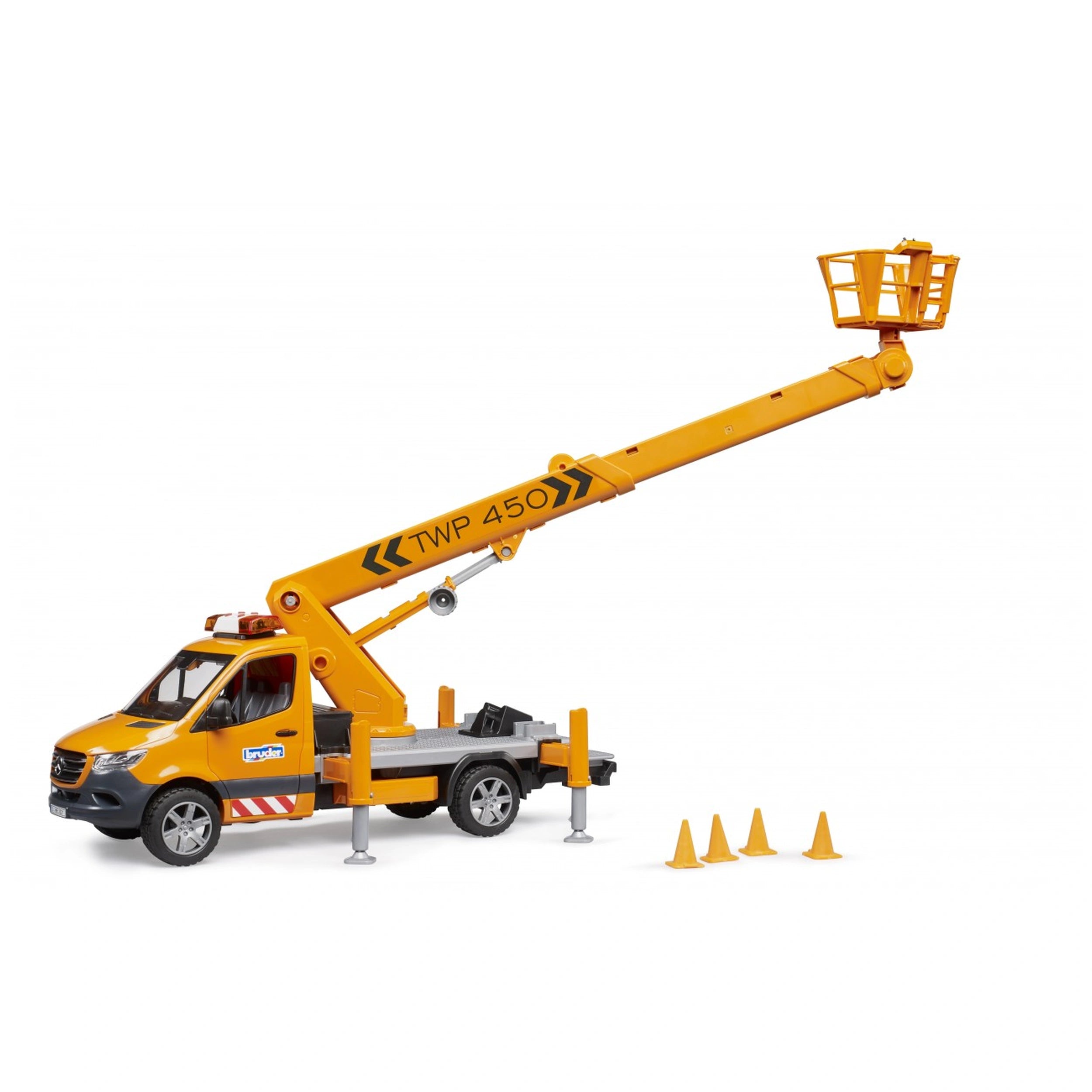 Yellow Bruder MB Sprinter toy with work platform extended, surrounded by orange cones, depicting a construction scene.