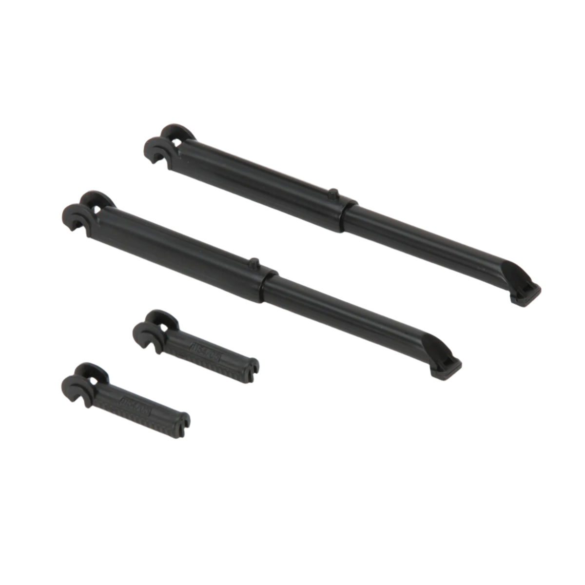 Two durable black pistons and clips for Bruder Cat Compact Loader toy vehicle.