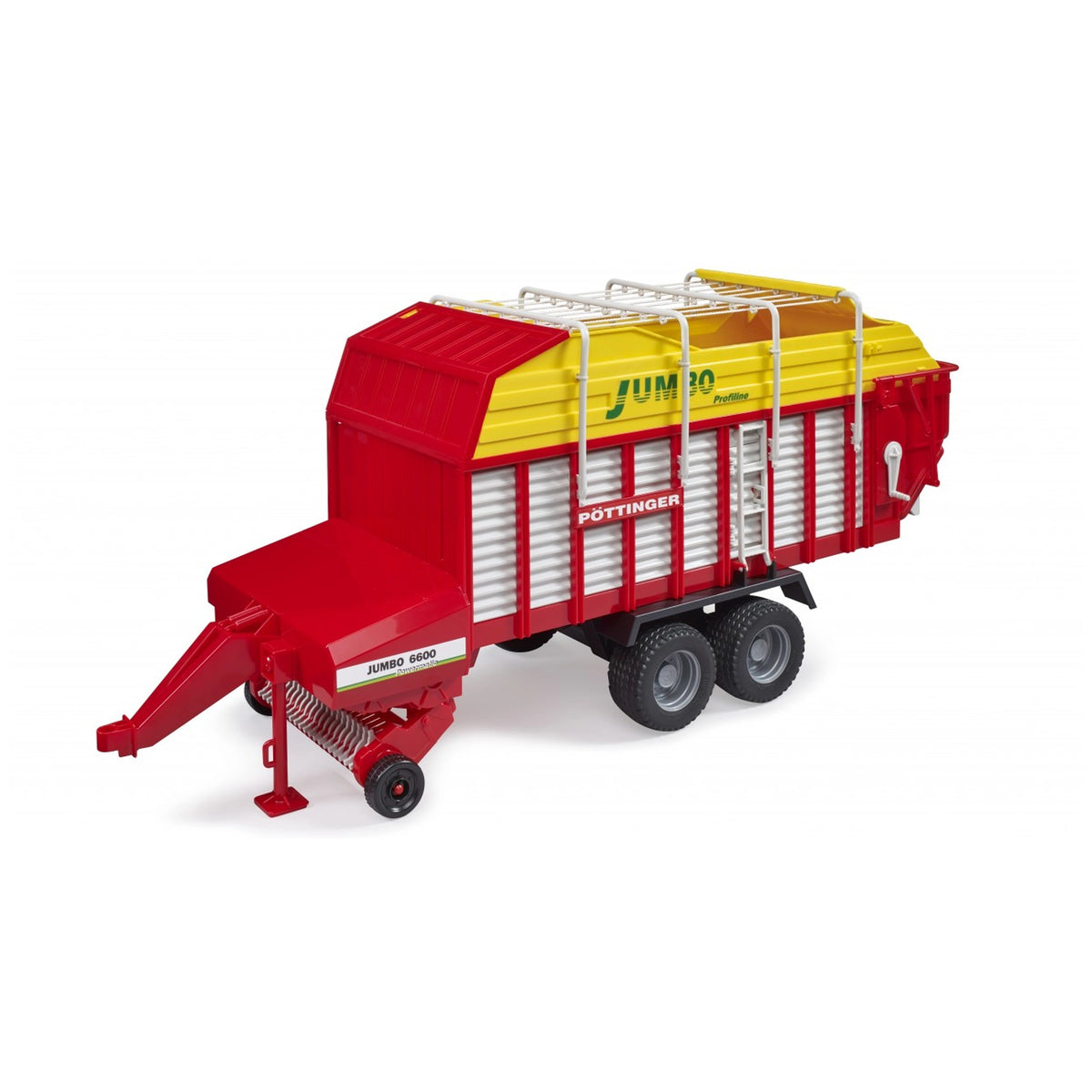 Red and yellow Bruder Pottinger Jumbo 6600 Profiline forage trailer toy with realistic details, including a ladder and wheels.