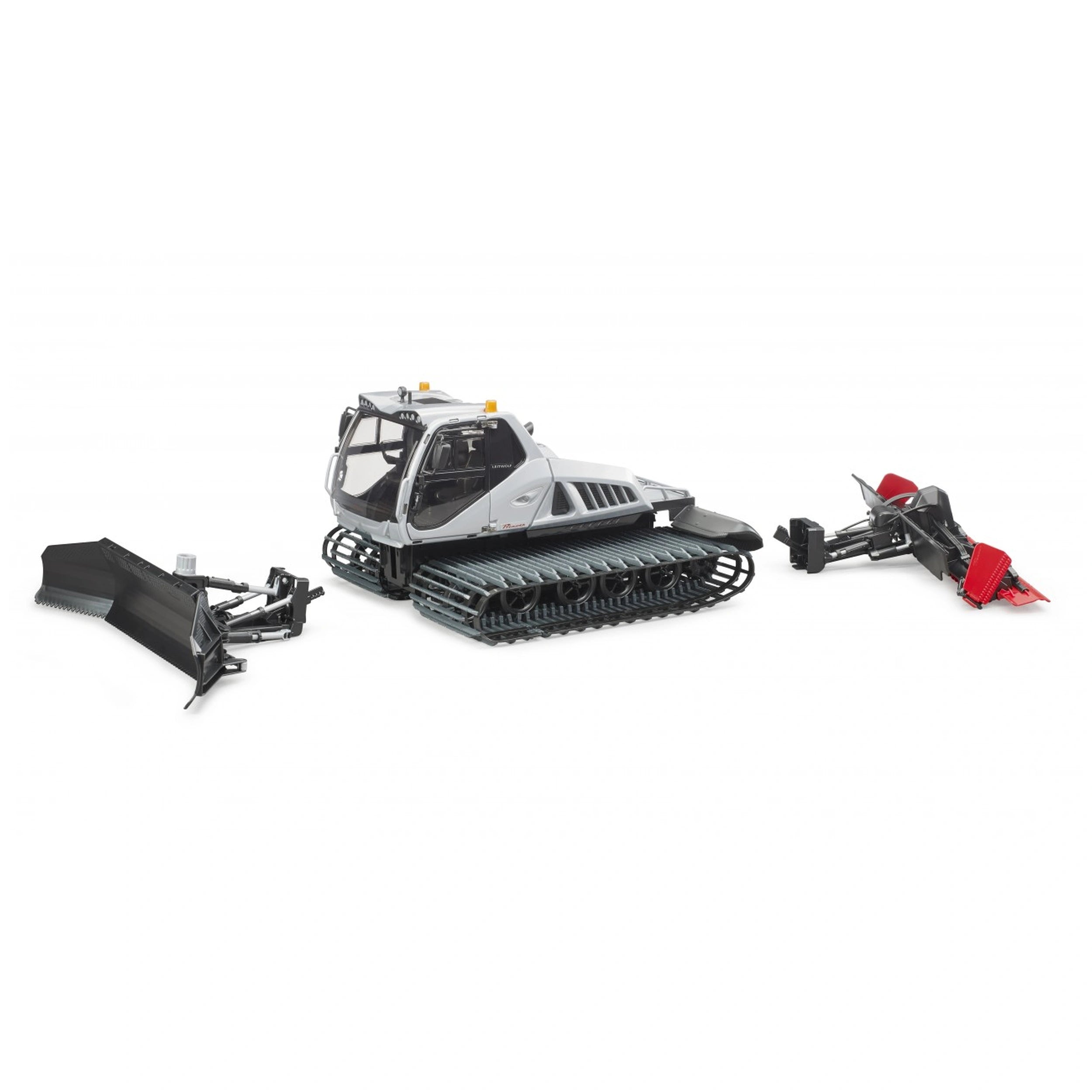 Bruder Prinoth Snow Groomer Leitwolf toy with detailed tracks, gray cabin, and snow grooming attachments on a white background.