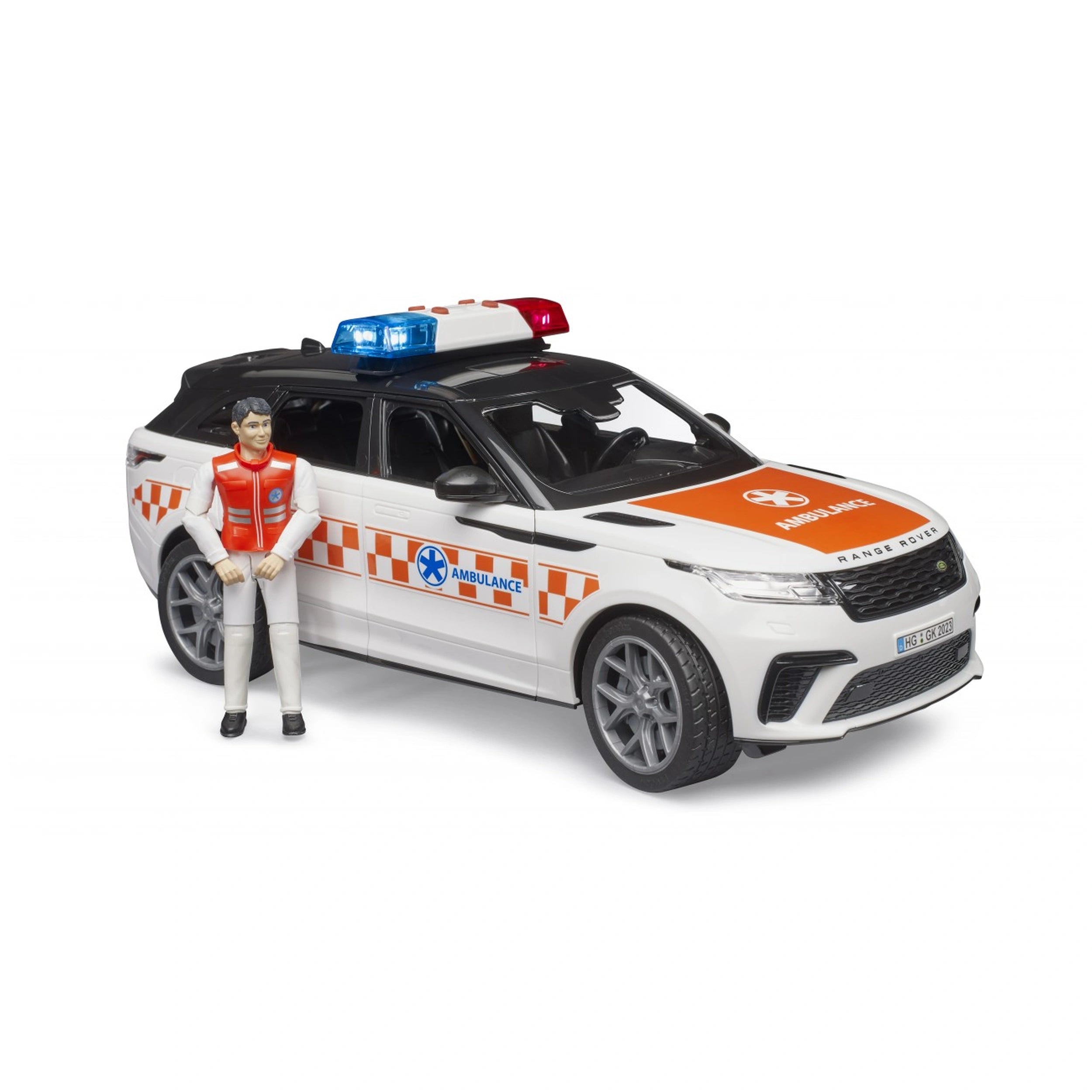 Emergency doctor vehicle toy, white Range Rover with red-orange details, blue-red siren, included driver figurine.