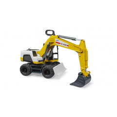 Yellow Bruder Roadmax Excavator toy with rotating arm and movable bucket, designed for young builders.