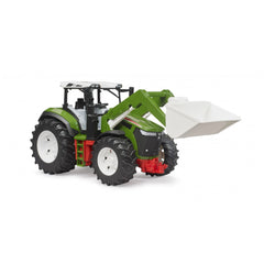 Green and black toy tractor with frontloader, white cab, and large tread tires, designed for children two and up.