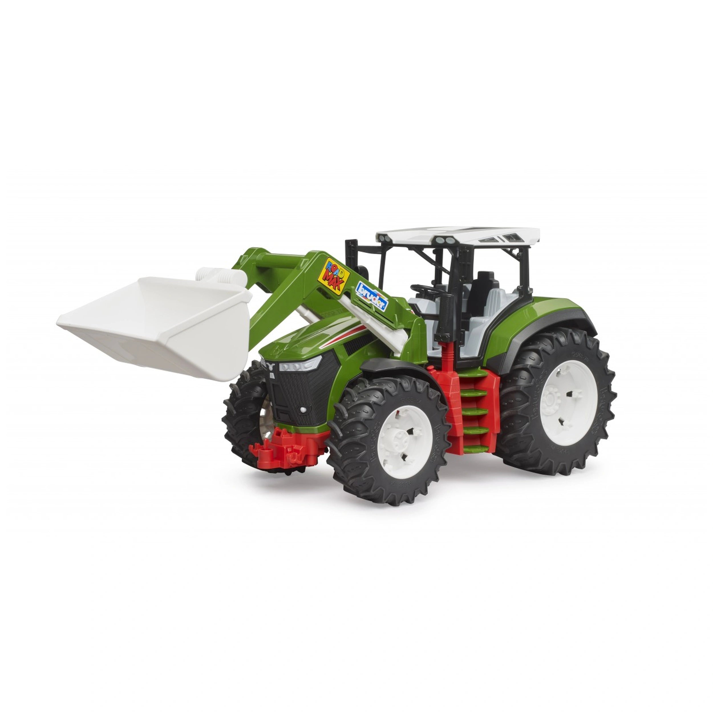Green and red Roadmax tractor toy with a front loader, large tread tires, by Bruder, for children's imaginative play.