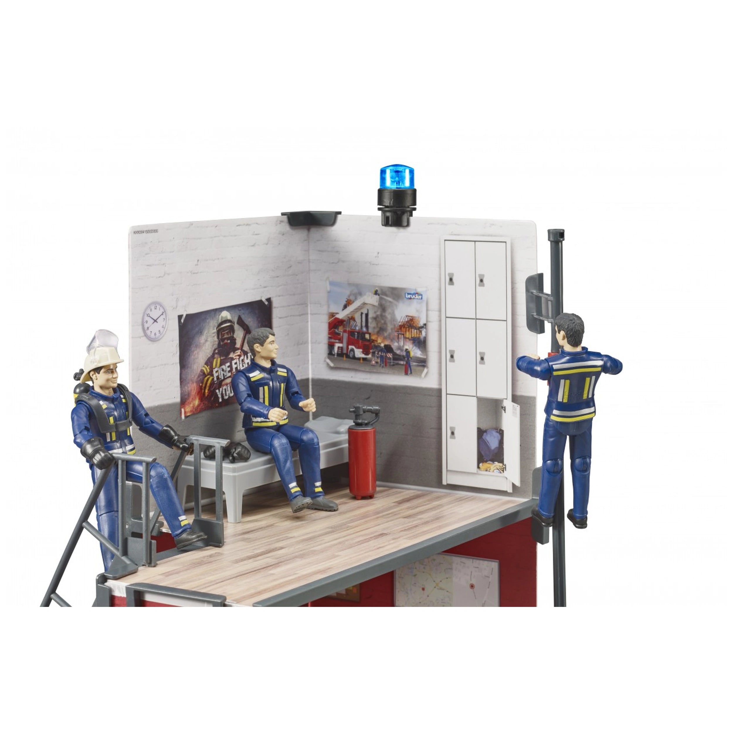 Firefighter figures in a station setup with lockers, posters, and a blue rotating beacon light on the roof.