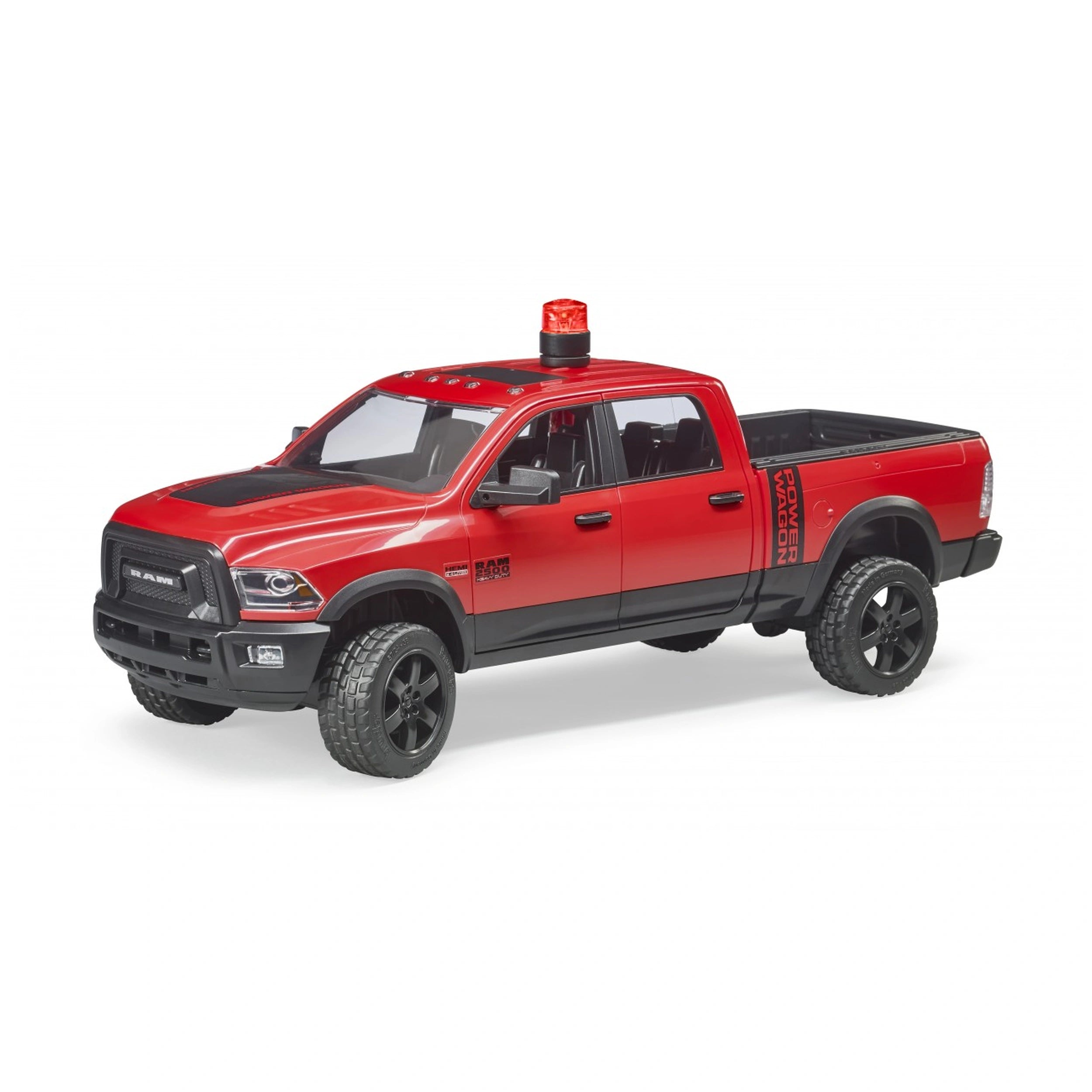 Red Bruder play vehicle with rotating beacon light on top, featuring black detailing and rugged tires.