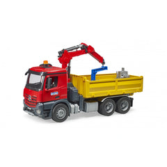Red and yellow toy truck with a crane and orange beacon light, perfect for imaginative play and display.