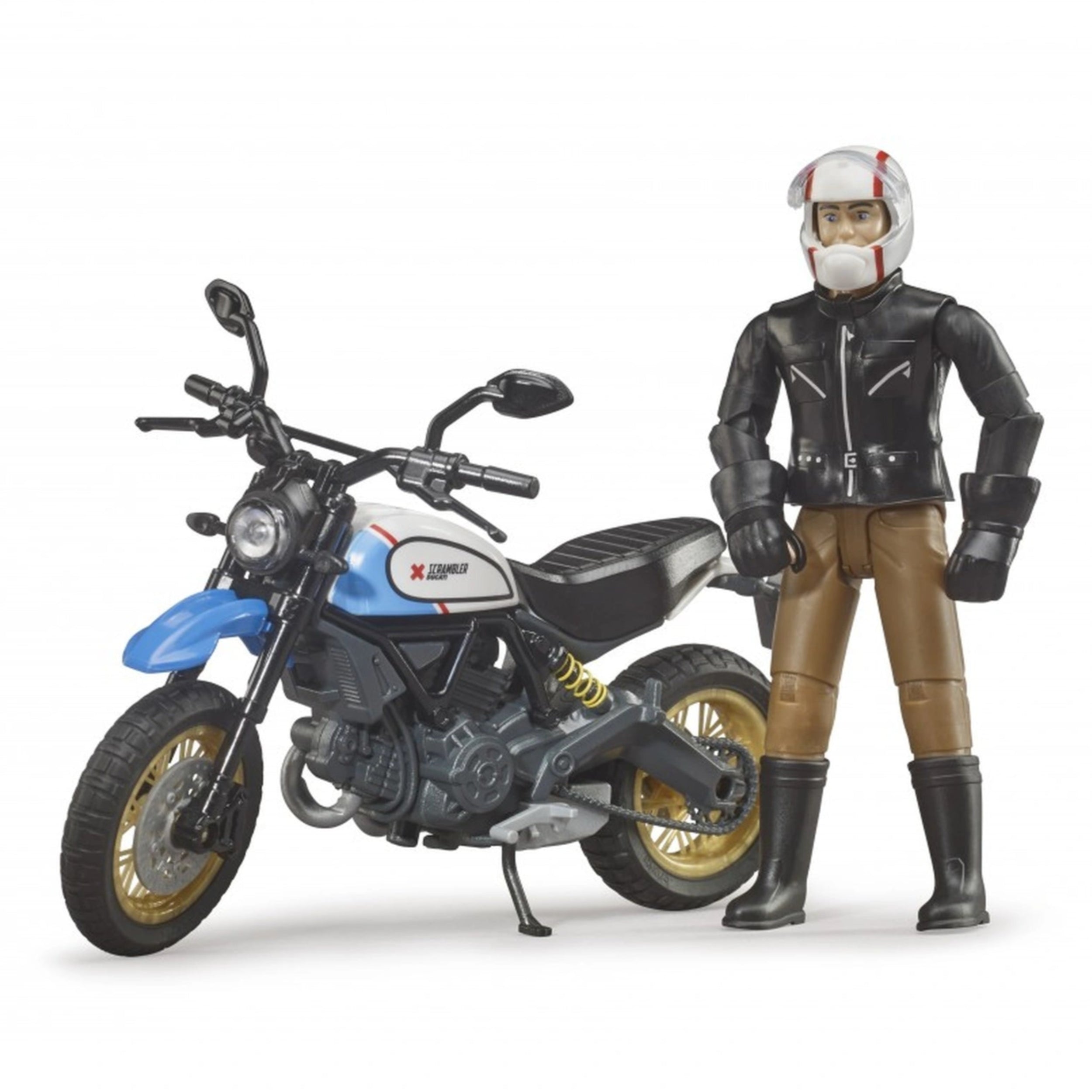 Bruder Scrambler Ducati toy bike with rider figure in helmet and black jacket, showcasing rugged design and realistic details.