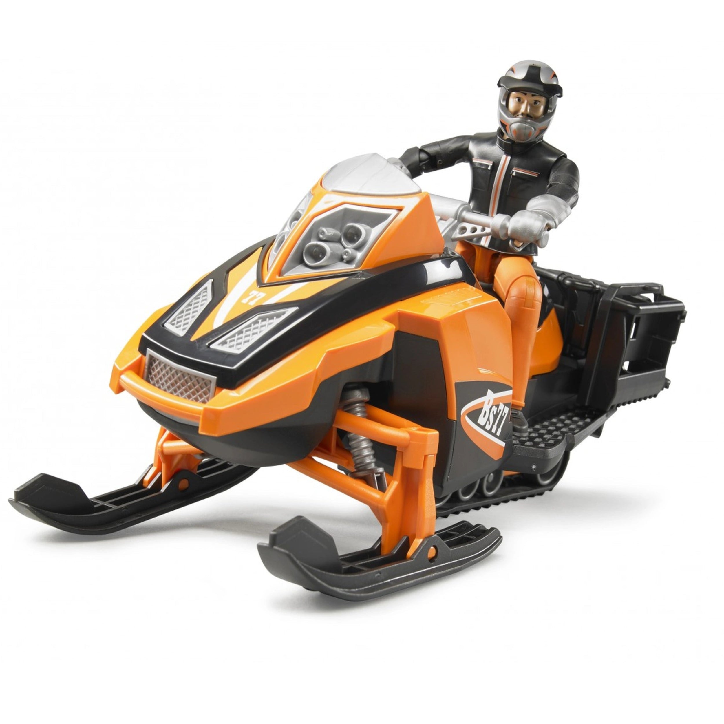 Orange and black snowmobile toy with driver figure in helmet and gear, featuring dual-axle suspension.