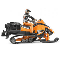Orange snowmobile toy with driver figure wearing helmet and black jacket, showcasing wheels and suspension detail.
