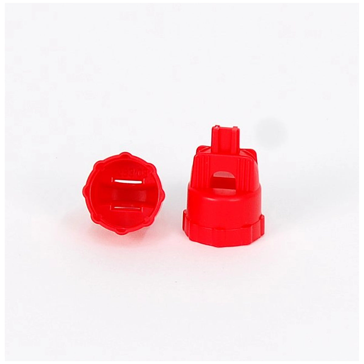 Red plastic tyre wrenches for Bruder play vehicles, one upright and one laying down, on a plain background.