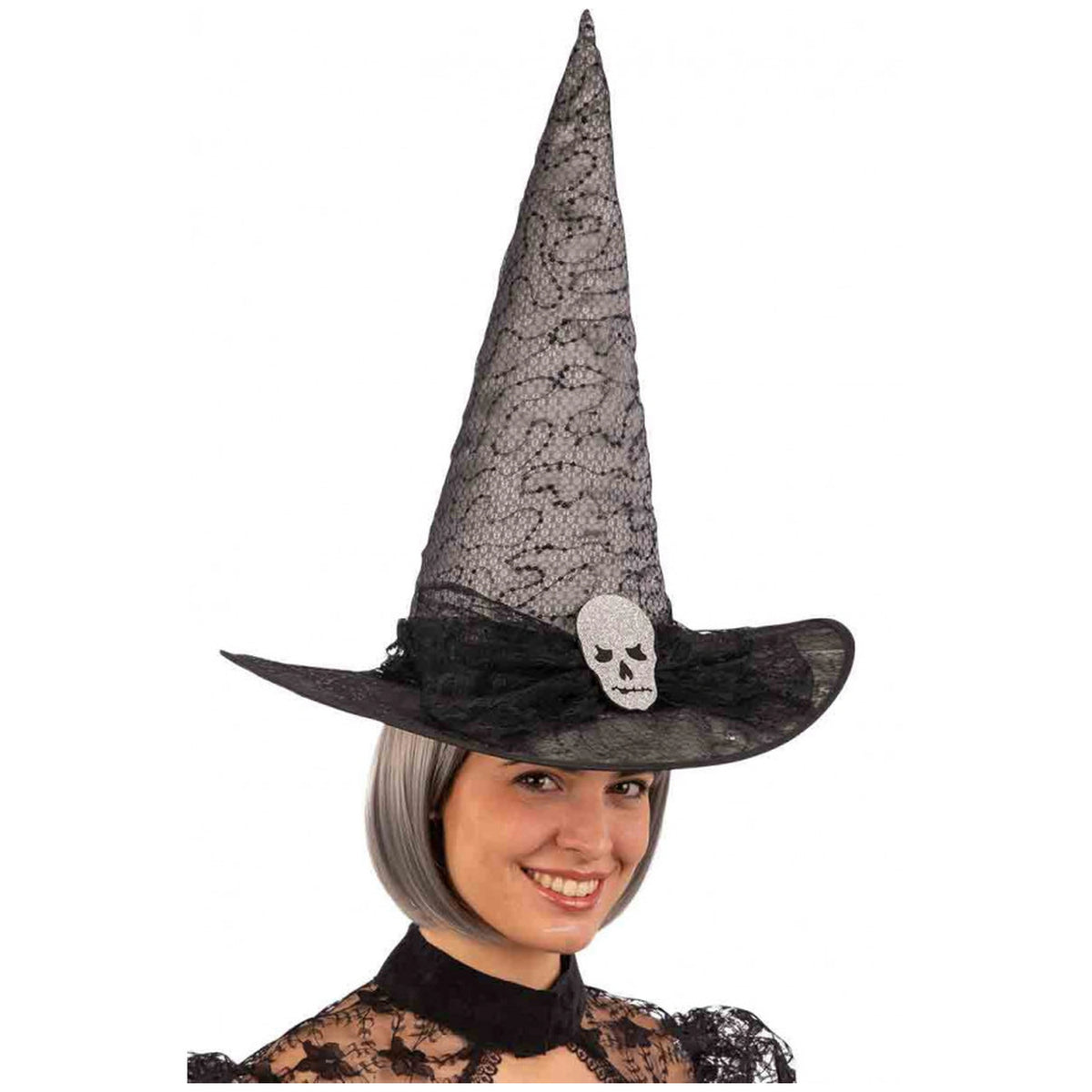 Carnival Toys - Cappello da Strega Grigio con Teschio e Velo per Divertimento di Halloween - Professioni Immaginarie e Gioco di Ruolo