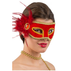 Carnival Toys - Maschera di Velluto Rosso con Piume e Gemma per Gioco Immaginativo - Professioni e Ruoli da Interpretare