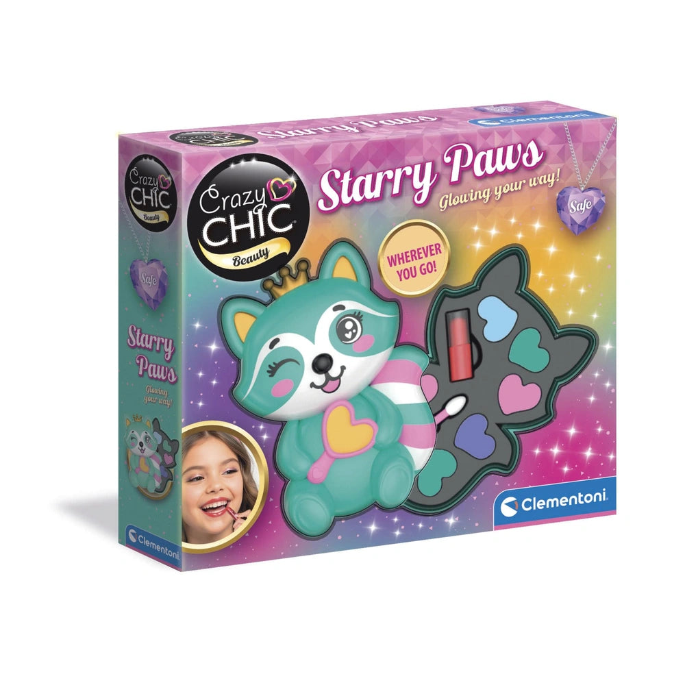 Clementoni Crazy Chic - Starry Paws Trousse Make-Up Set for Kids Ages 6 Years+ - Kawaii Raccoon-Themed Travel Cosmetic Palette with 6 Eyeshadows, Lipstick and Applicator