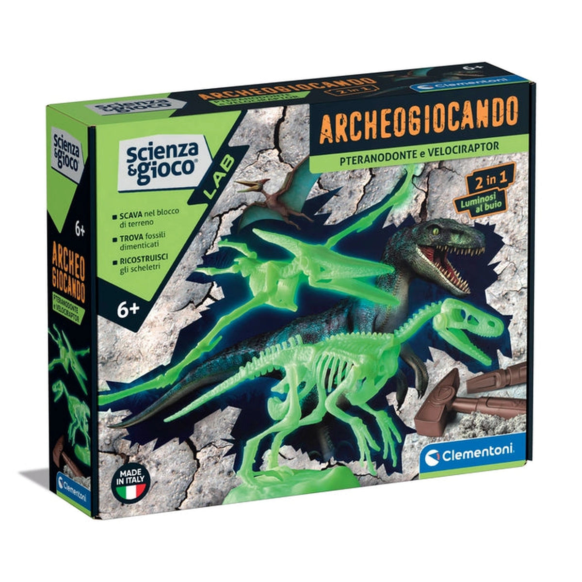 Clementoni Scienza E Gioco Lab - Archeogiocando - 2 In 1 Pteranodonte E Velociraptor Glow In The Dark Toy Playsets