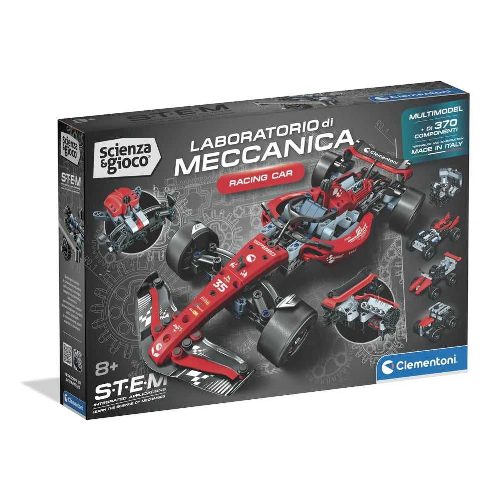 Clementoni Scienza e Gioco Build - Racing Car Construction Set for Kids Ages 8 Years+ - Scale Mechanical Engineering Travel Creative Box with Working Steering, Moving Pistons and 370+ Pieces