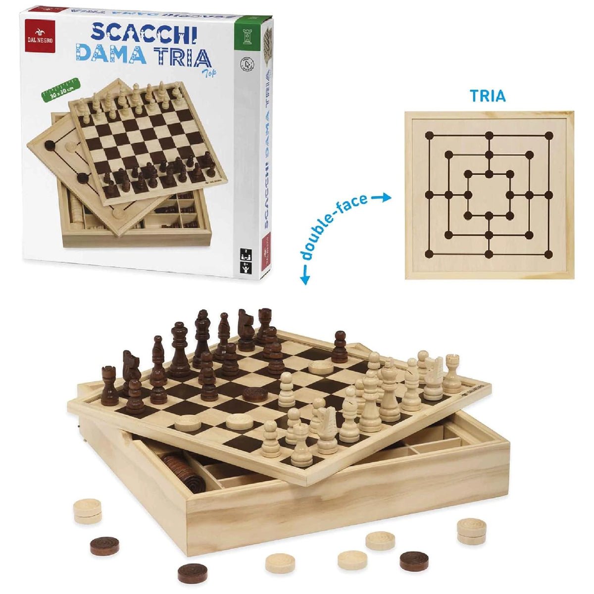 Dal Negro - Tria Chess And Checkers Top Wooden Board Games Set