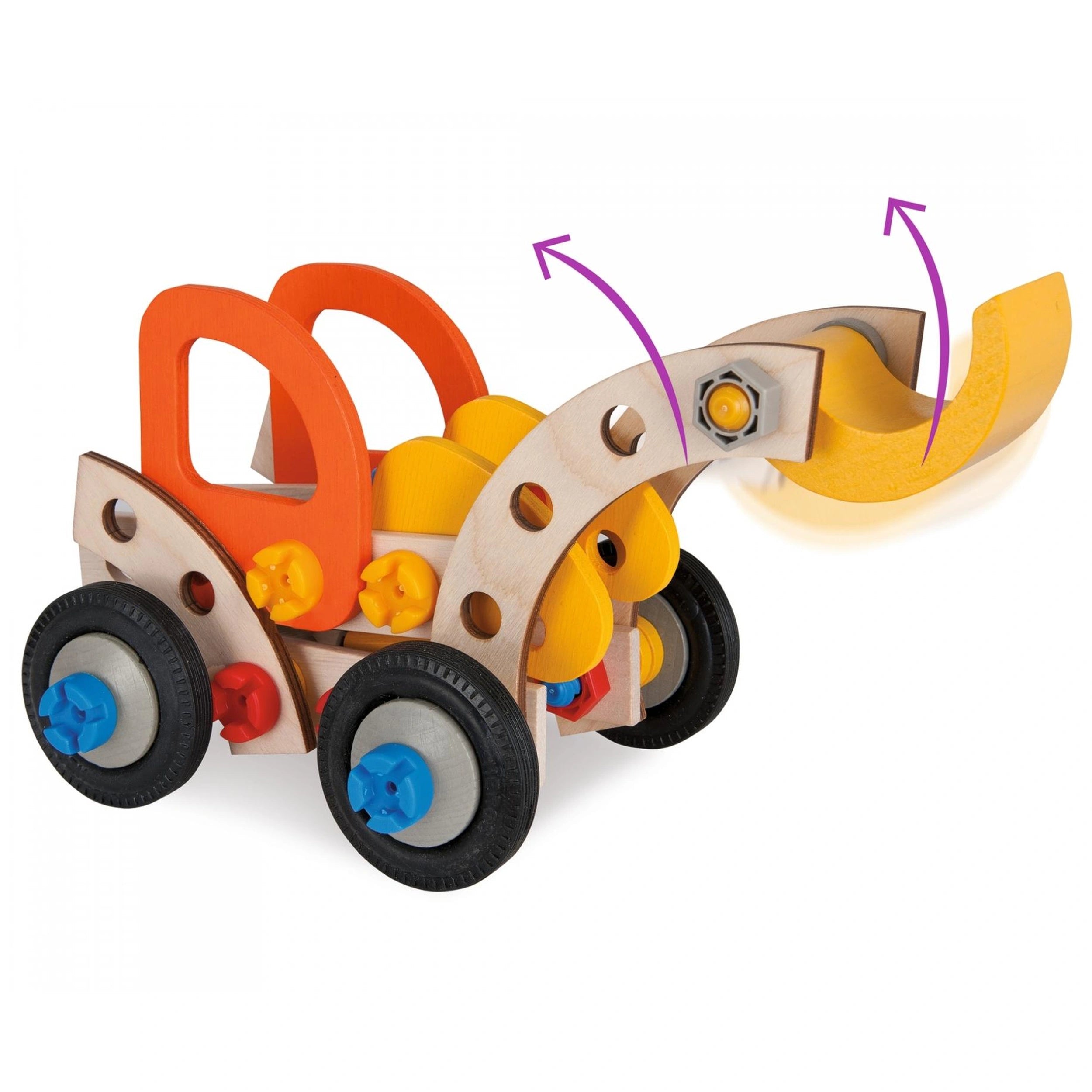 Eichhorn Constructor 3in1 construction set features a wooden base with yellow, orange, and blue plastic components and wheels