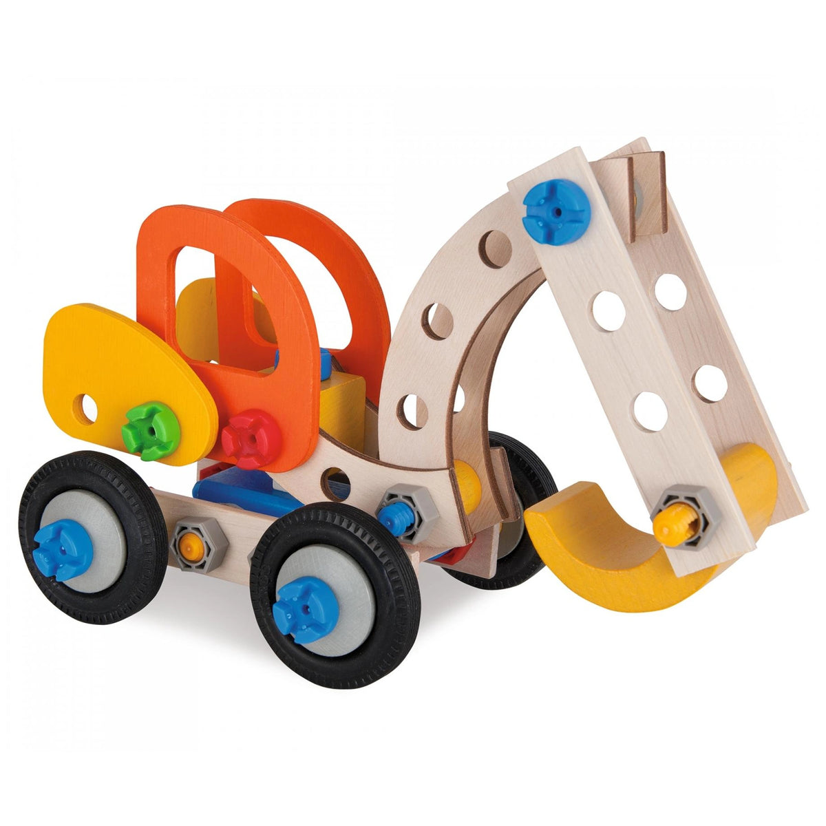 Eichhorn Constructor 3in1 construction set features a wooden car frame with colorful plastic components and wheels.