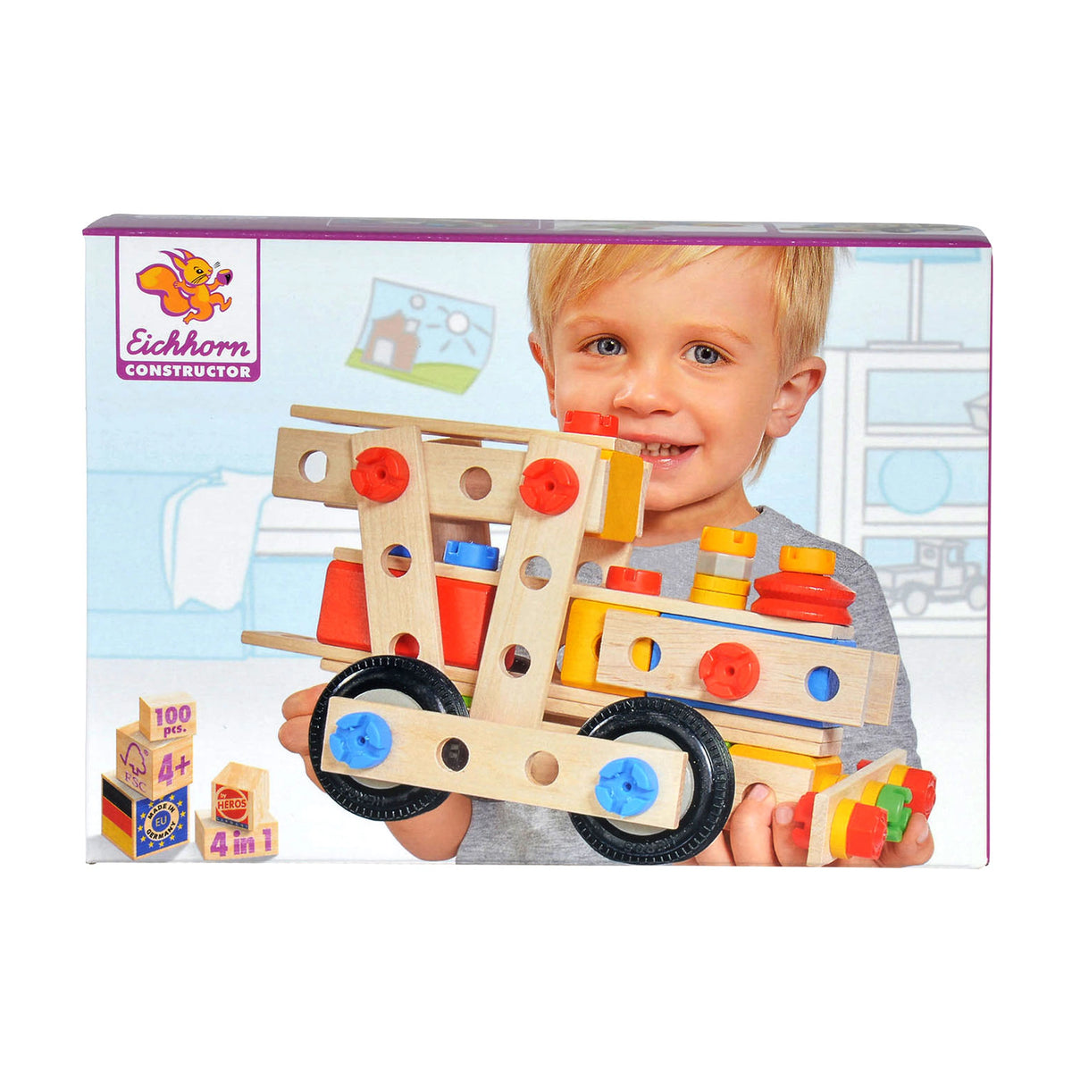 Eichhorn Constructor 4 in 1 construction set with a child holding a wooden toy featuring red and blue wheels and connectors.